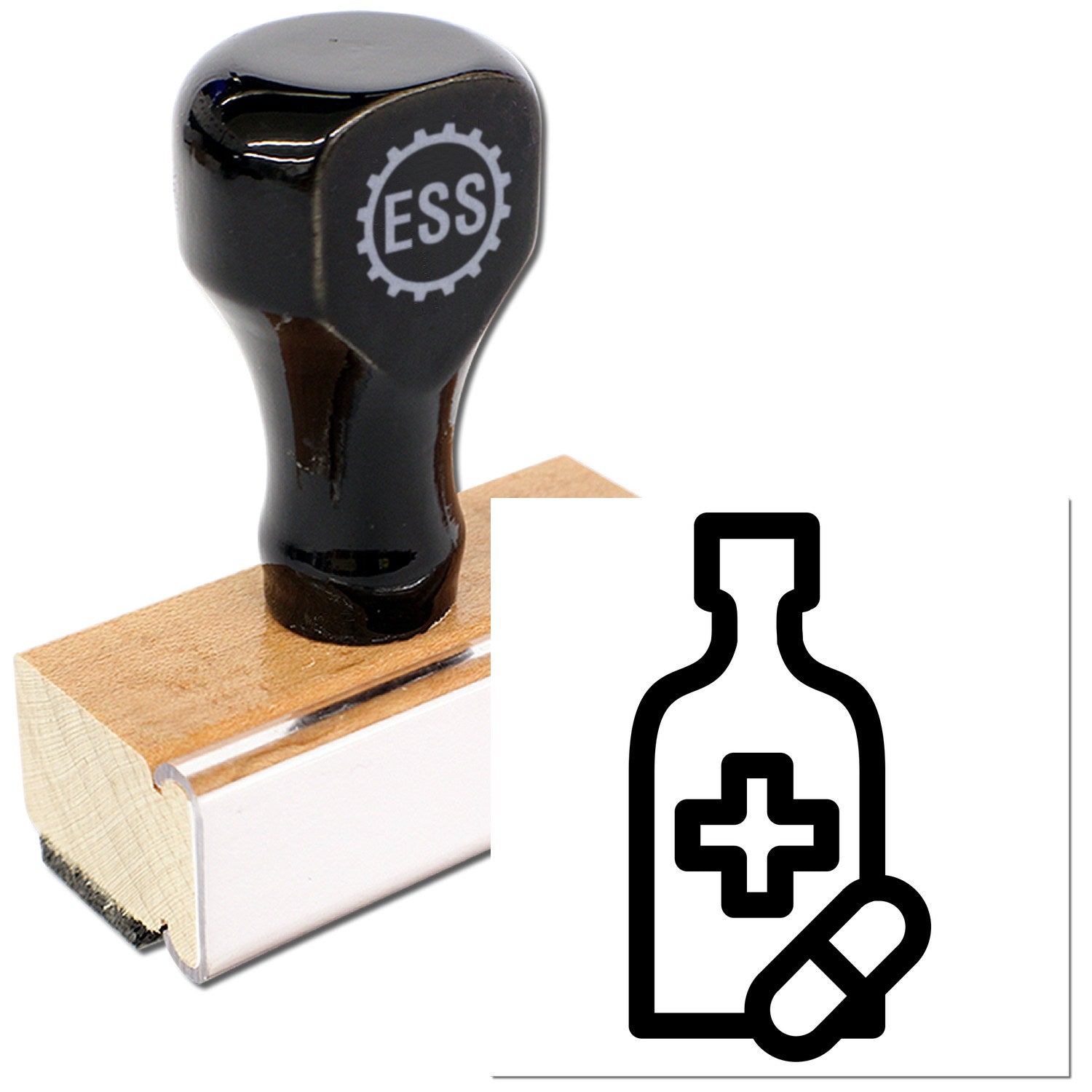 Wood Handle Happy Health Visit Rubber Stamp with a black top and engraved ESS logo, featuring a health symbol of a bottle and pill. Perfect for medical or health-related documentation.