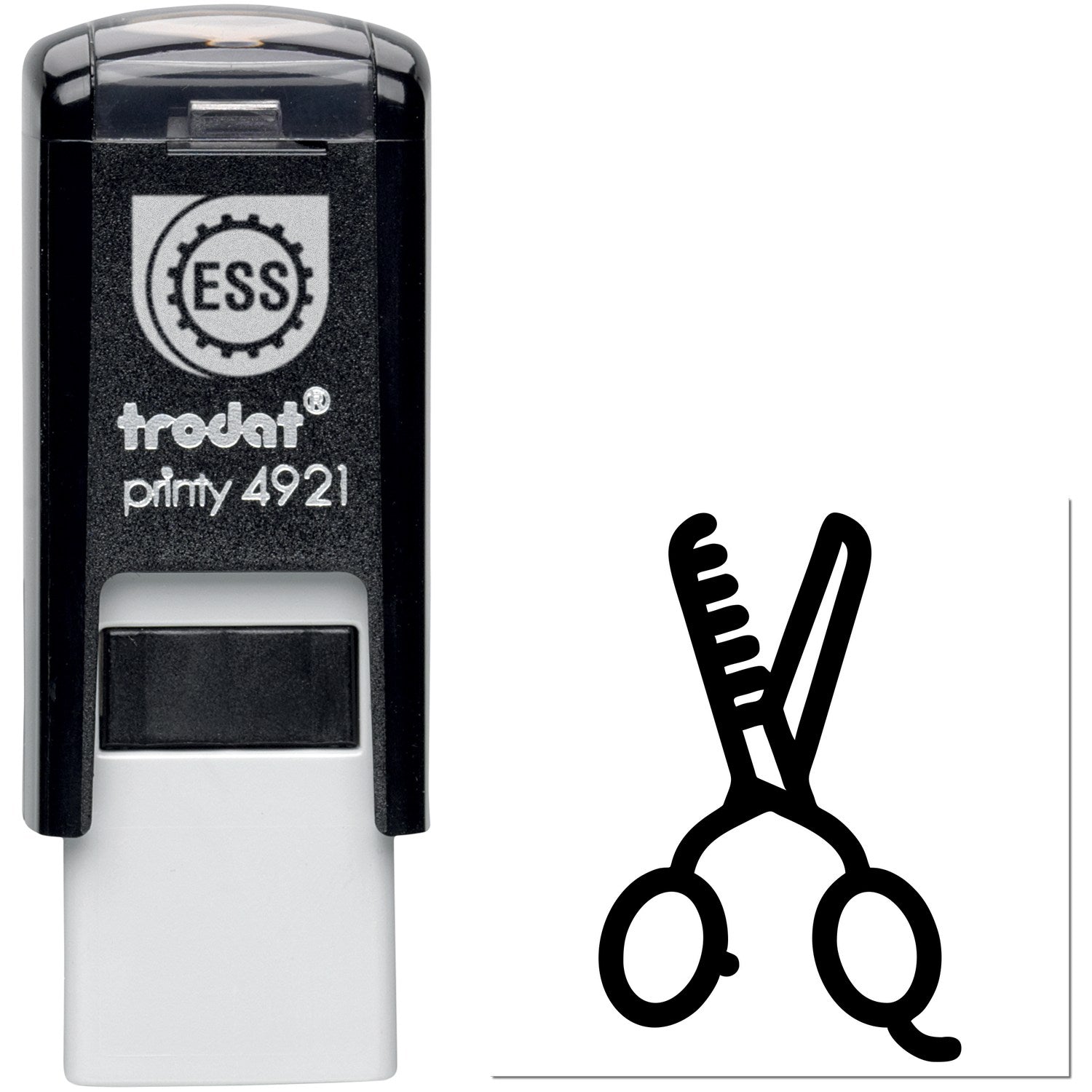 Self-Inking Stylin for Discounts Stamp featuring a black casing with a scissor and comb icon, ideal for salon promotions. Compact and efficient design for easy use.