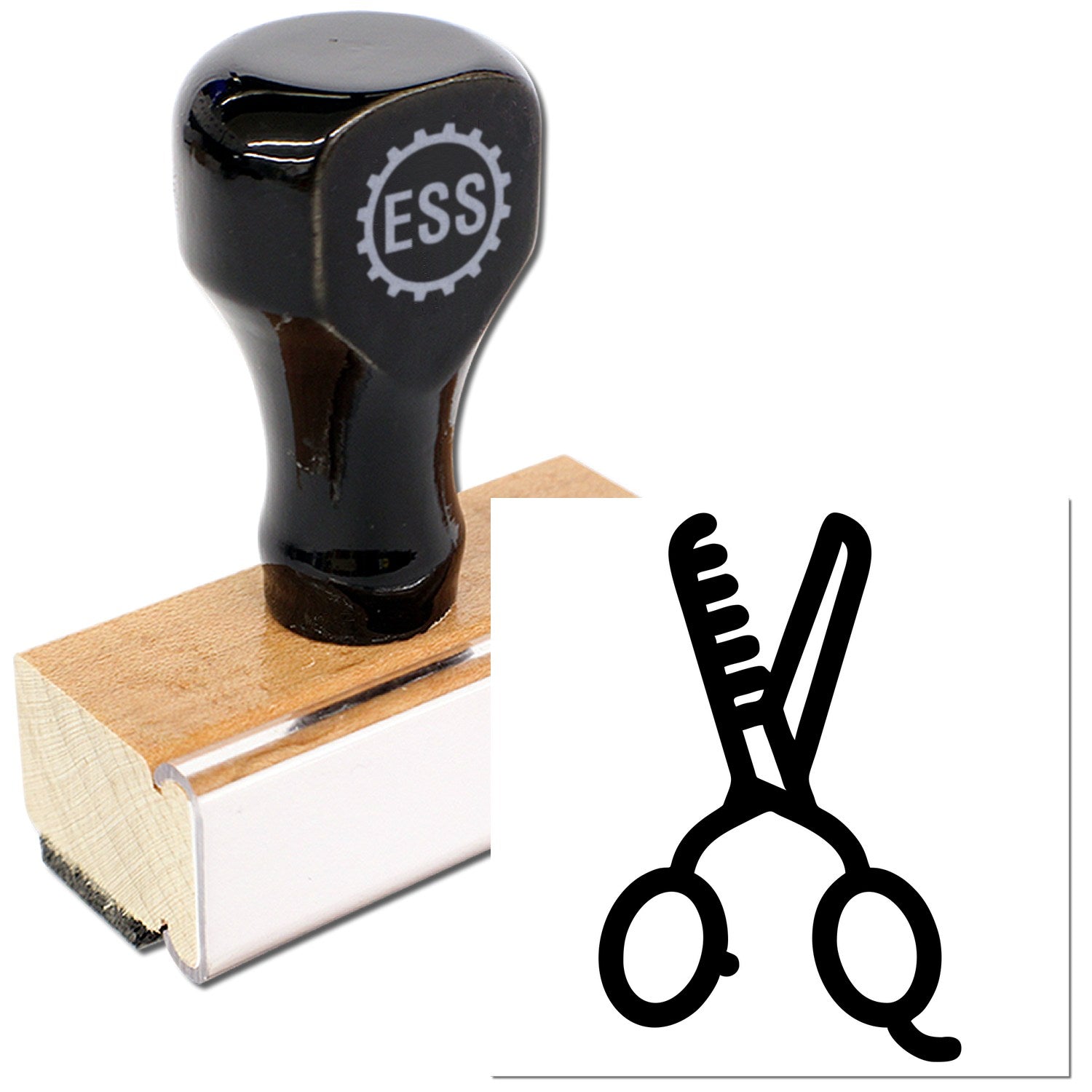 Wood Handle Stylin for Discounts Rubber Stamp with black top and wooden base, featuring a scissors and comb design for salon promotions.