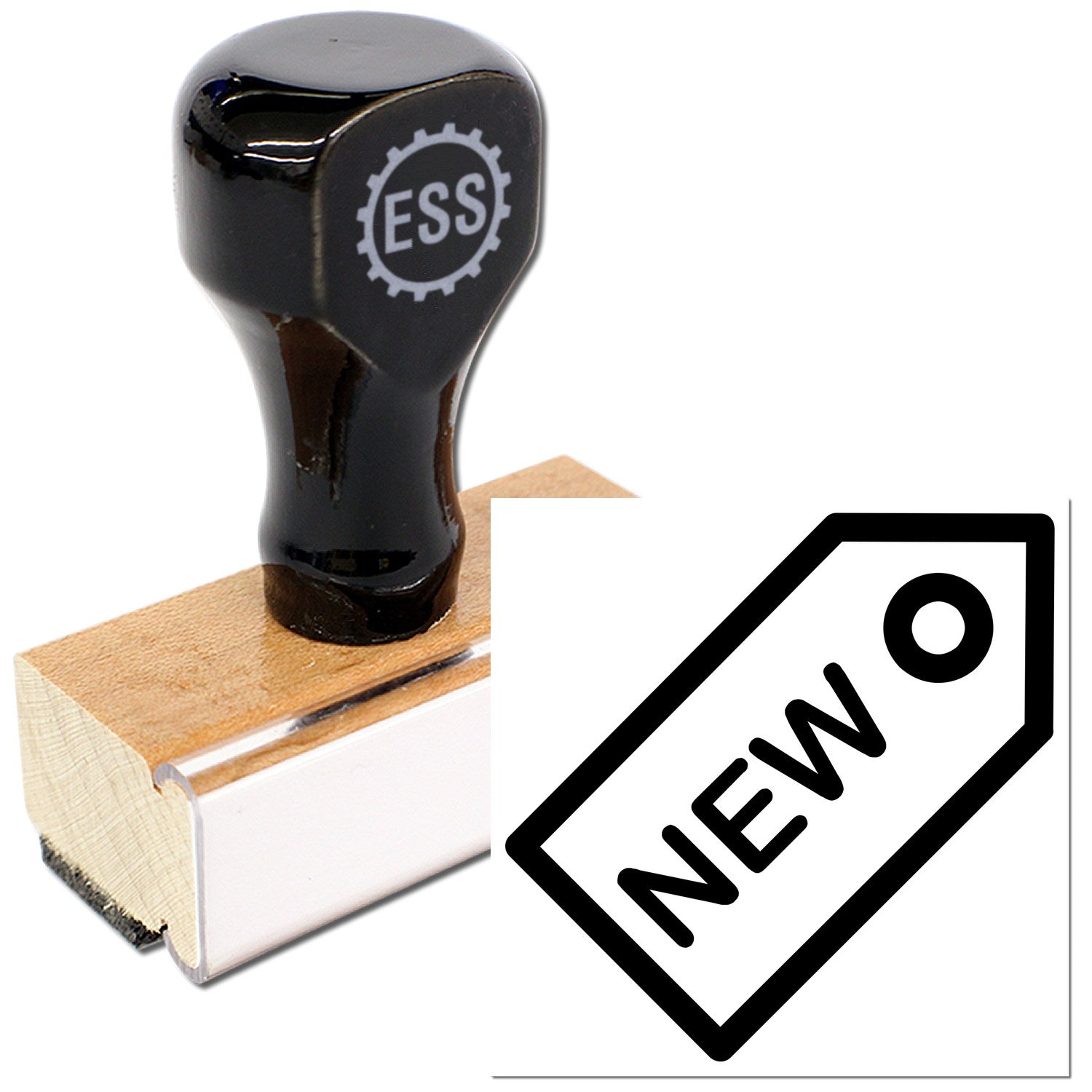 Wood Handle New Reward Rubber Stamp with black top and ESS logo, featuring a durable wooden base and a NEW tag design. Perfect for marking documents with a professional touch.