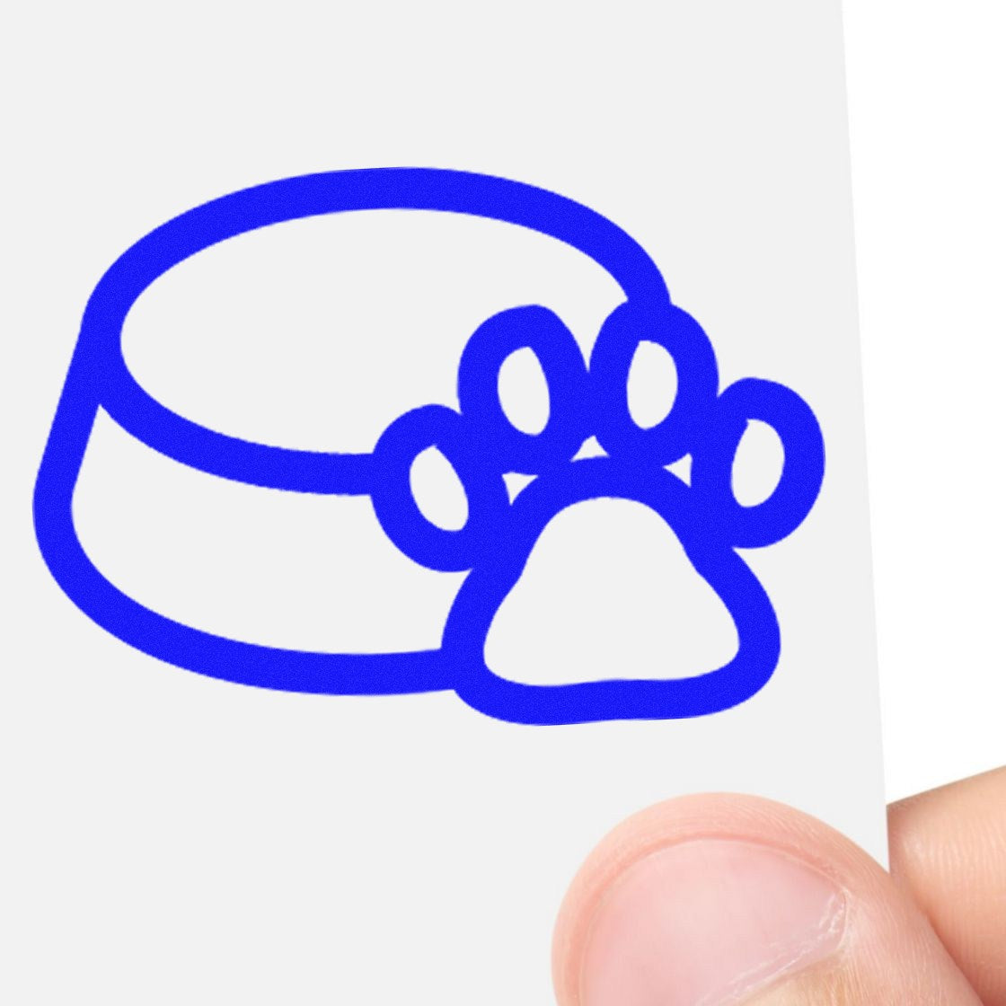 Wood Handle Doggy Loyalty Card Rubber Stamp with blue paw print and bowl design, held by a hand. Ideal for pet-themed loyalty cards and crafts.