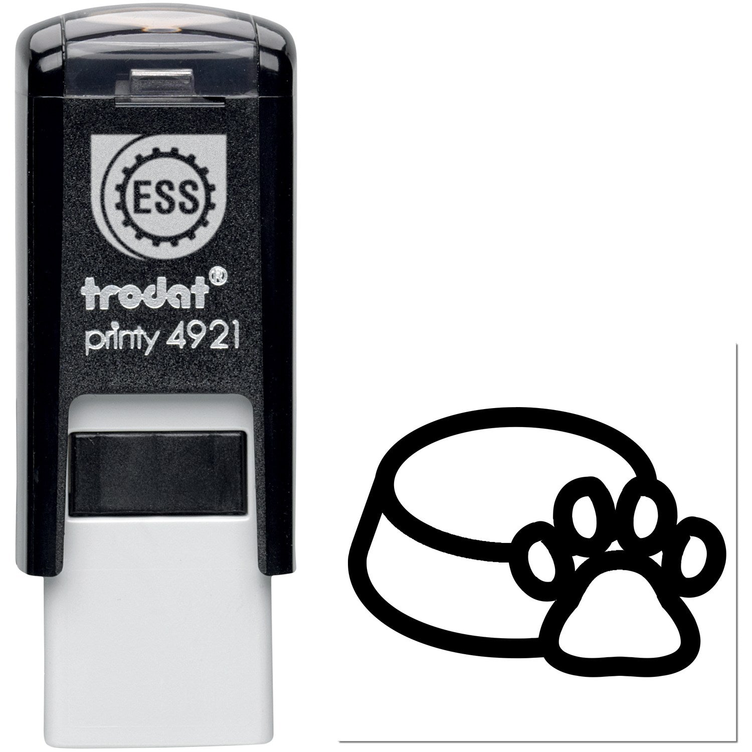 Self-Inking Doggy Loyalty Card Stamp featuring a black casing with a paw print and bowl design. Ideal for pet businesses to reward customer loyalty.