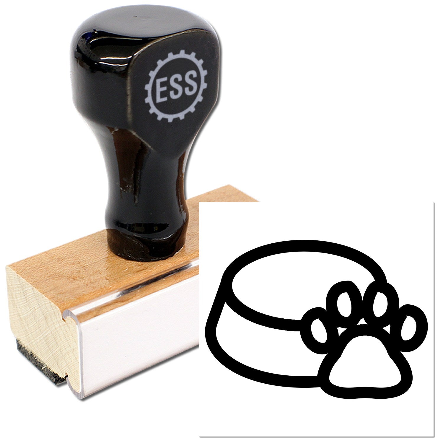 Wood Handle Doggy Loyalty Card Rubber Stamp featuring a sleek black top with ESS logo, mounted on a sturdy wooden base. Includes a paw print and bowl design for pet-themed stamping.