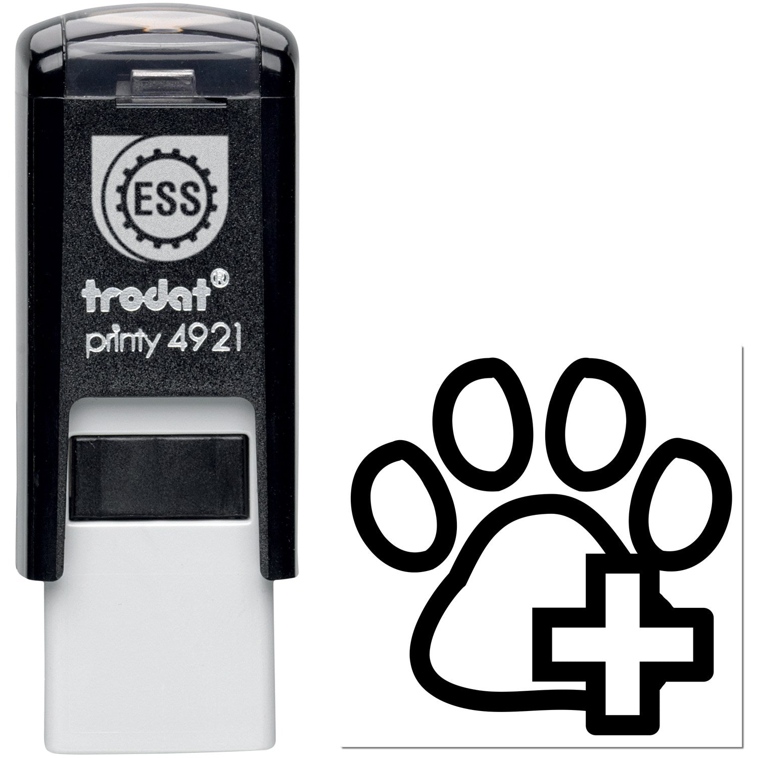 Self-Inking Healthy Pet Frequent Buyer Stamp, black with paw and cross design, Trodat Printy 4921 model, ideal for pet loyalty programs.