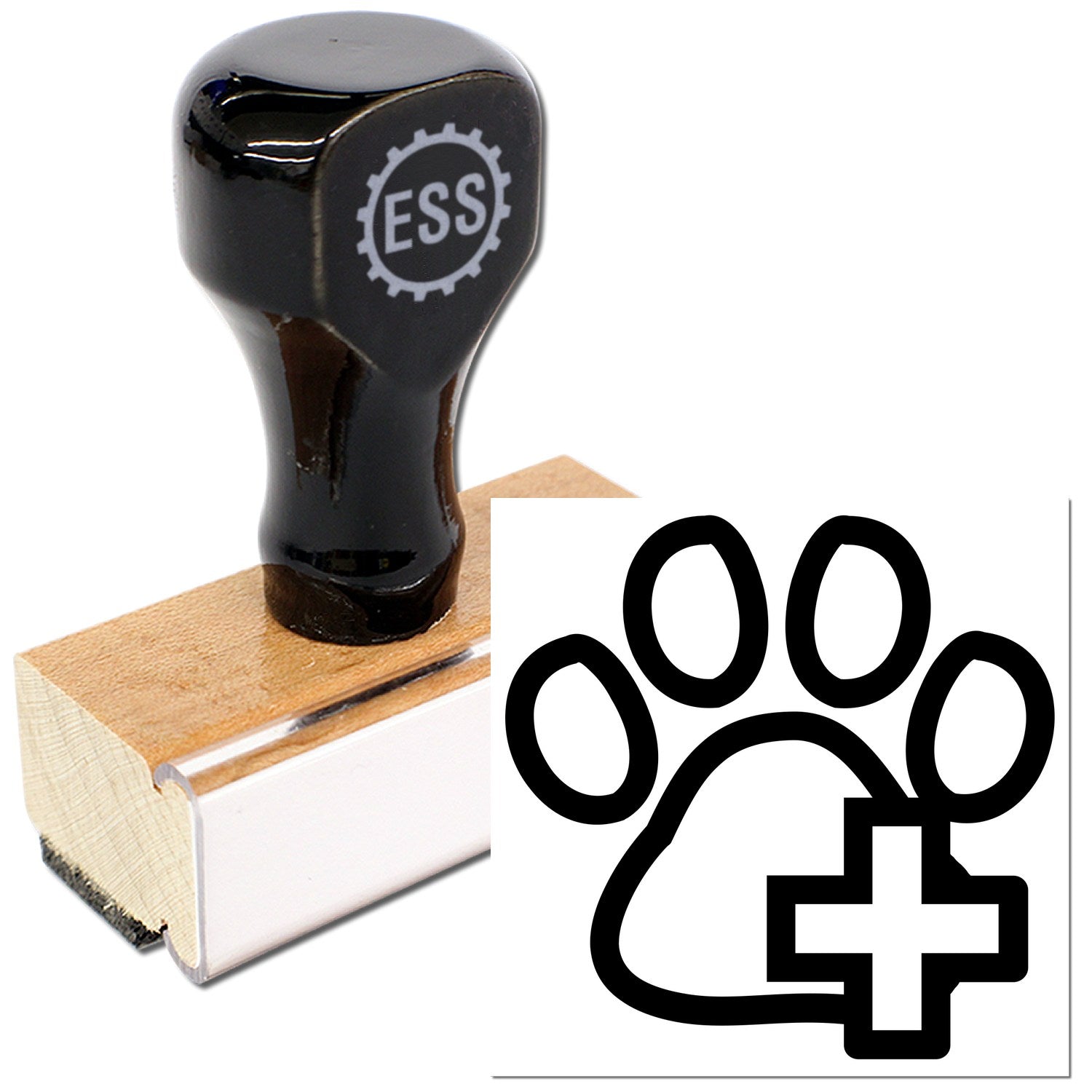 Wood Handle Healthy Pet Frequent Buyer Rubber Stamp with black top and wooden base, featuring a paw print and medical cross design.