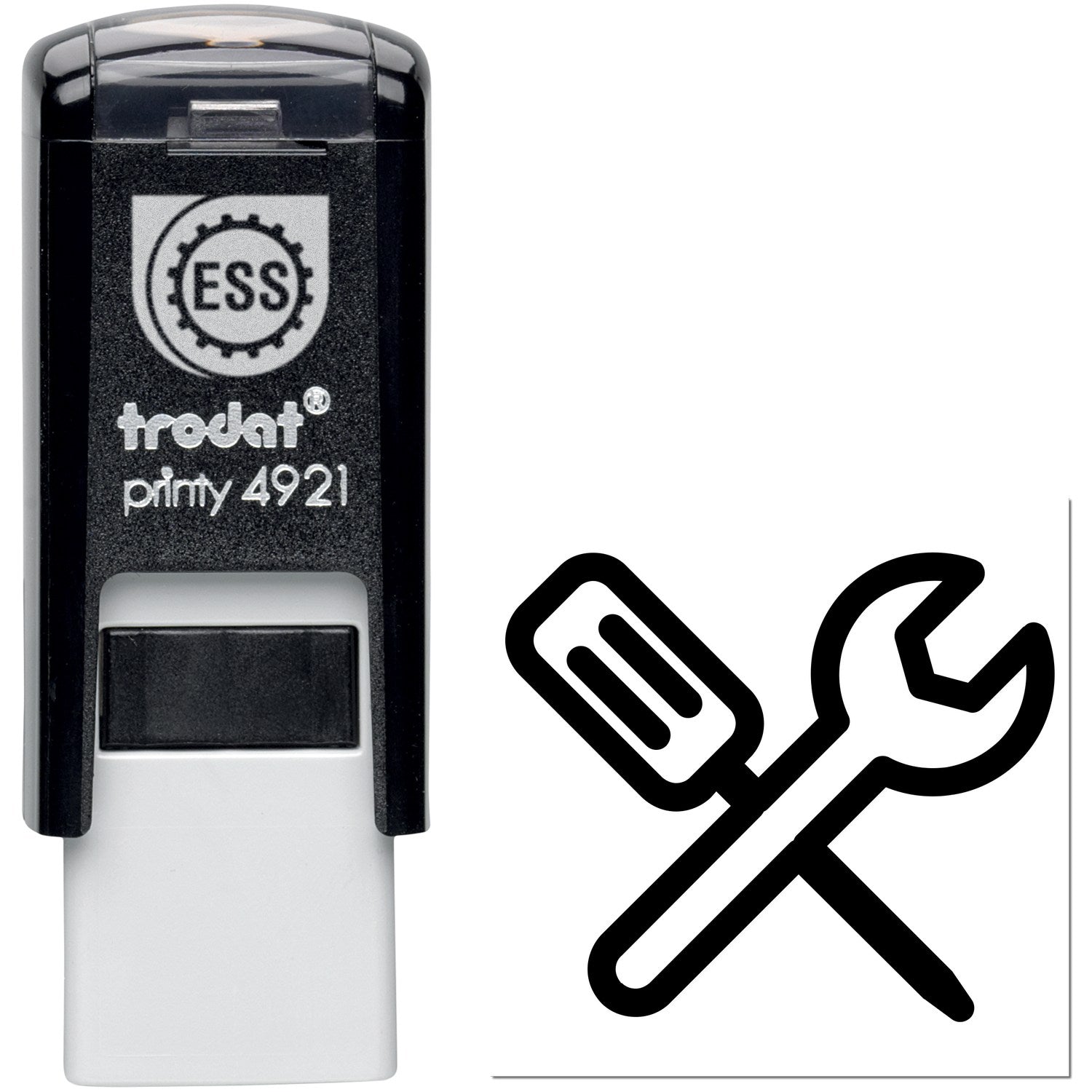 Self-Inking Gear Up! Punch Card Stamp with black casing and clear top, featuring a gear and wrench icon. Ideal for efficient marking on punch cards.