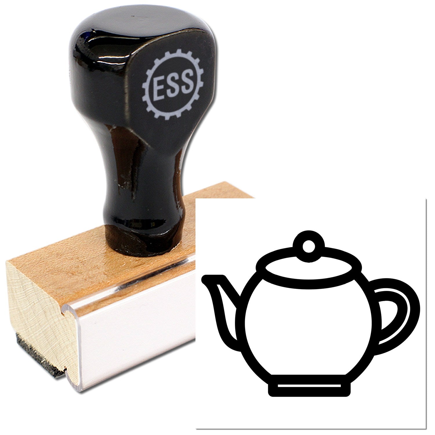 Wood Handle Steamy Rewards Loyalty Program Rubber Stamp with black top and wooden base, featuring a teapot design. Perfect for loyalty programs and crafting.