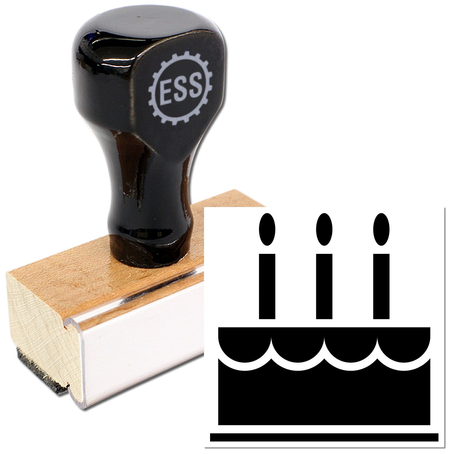 Wood Handle Cake Delight Incentive Rubber Stamp with black top and wooden base, featuring a cake design with three candles. Perfect for crafting and decoration.