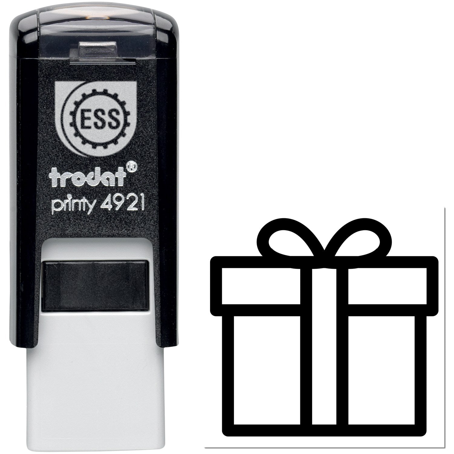 Self-Inking Gifts Galore Loyalty Points Stamp featuring a black casing with a gift icon, perfect for rewarding customers. Compact and efficient design for easy use in retail settings.