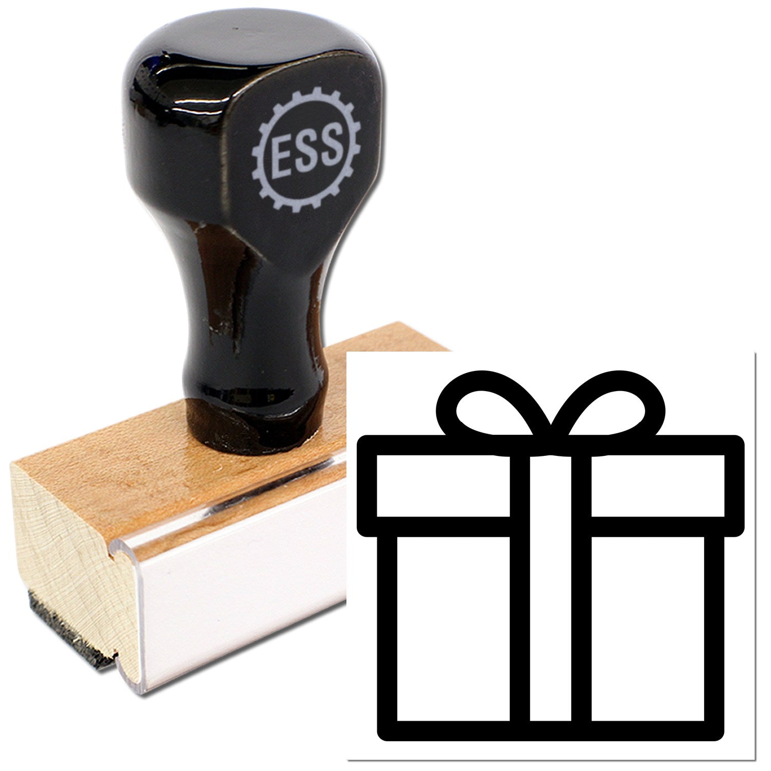 Wood Handle Gifts Galore Loyalty Points Rubber Stamp with a sleek black top and wooden base, featuring a gift icon. Perfect for adding a personalized touch to loyalty programs.