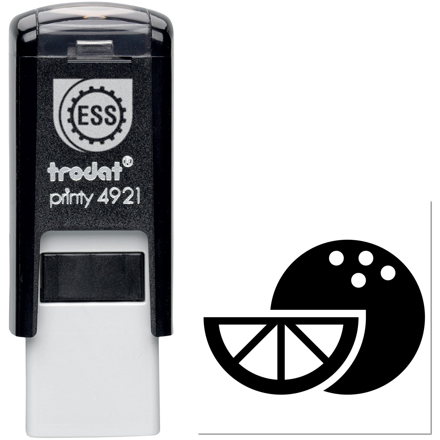 Self-Inking Fruity Fresh Customer Reward Stamp with citrus design, black casing, and easy-grip handle. Perfect for businesses rewarding loyal customers.