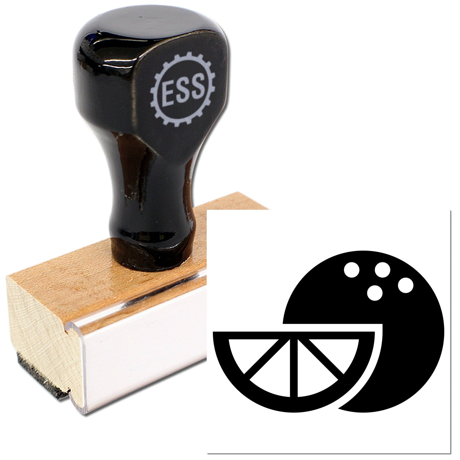 Wood Handle Fruity Fresh Customer Reward Rubber Stamp with a black top and wooden base, featuring a citrus fruit design. Perfect for adding a fresh touch to customer loyalty programs.