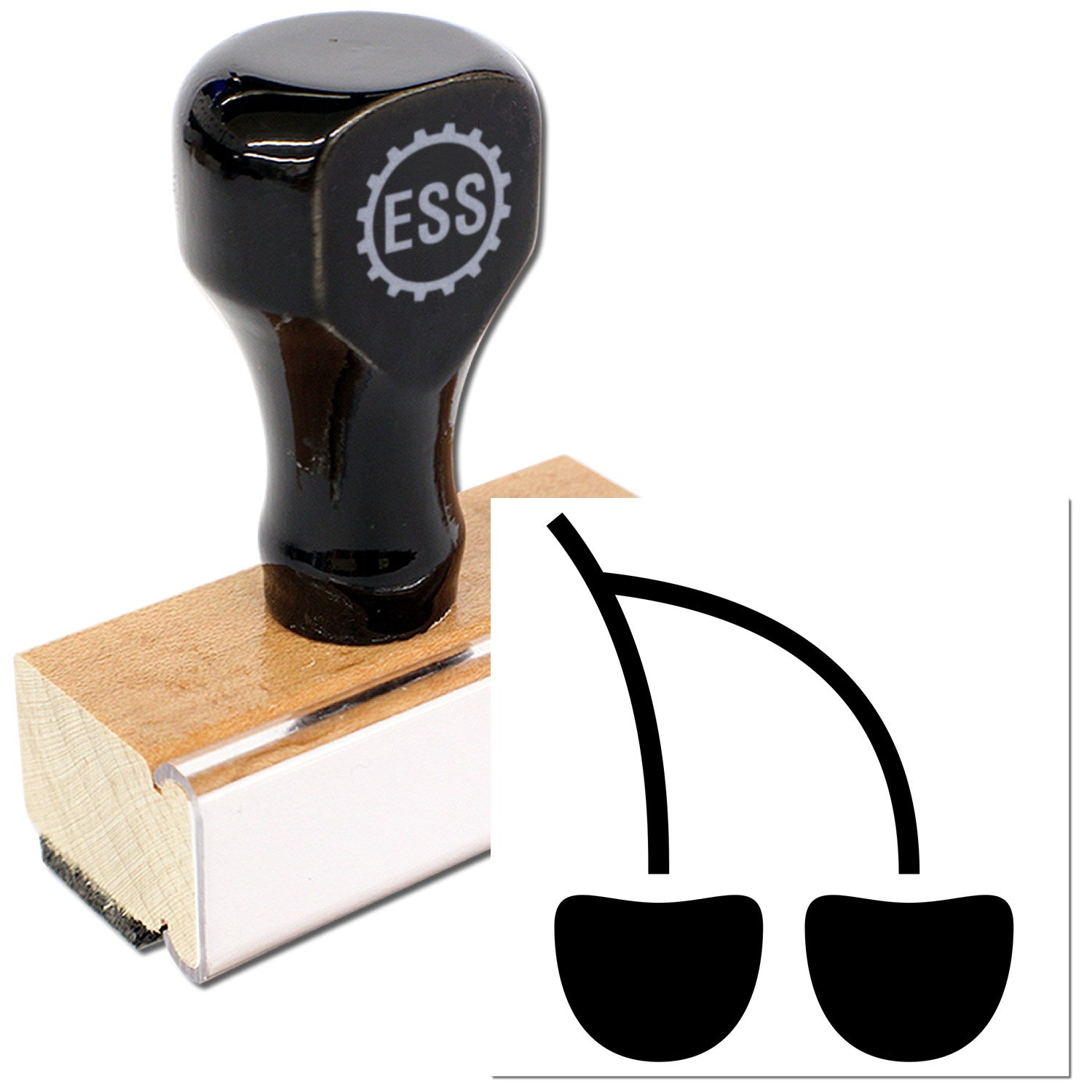 Wood Handle Cherry Cheers Purchase Rubber Stamp with black handle and cherry design, featuring a durable wooden base and sleek design for crafting and office use.