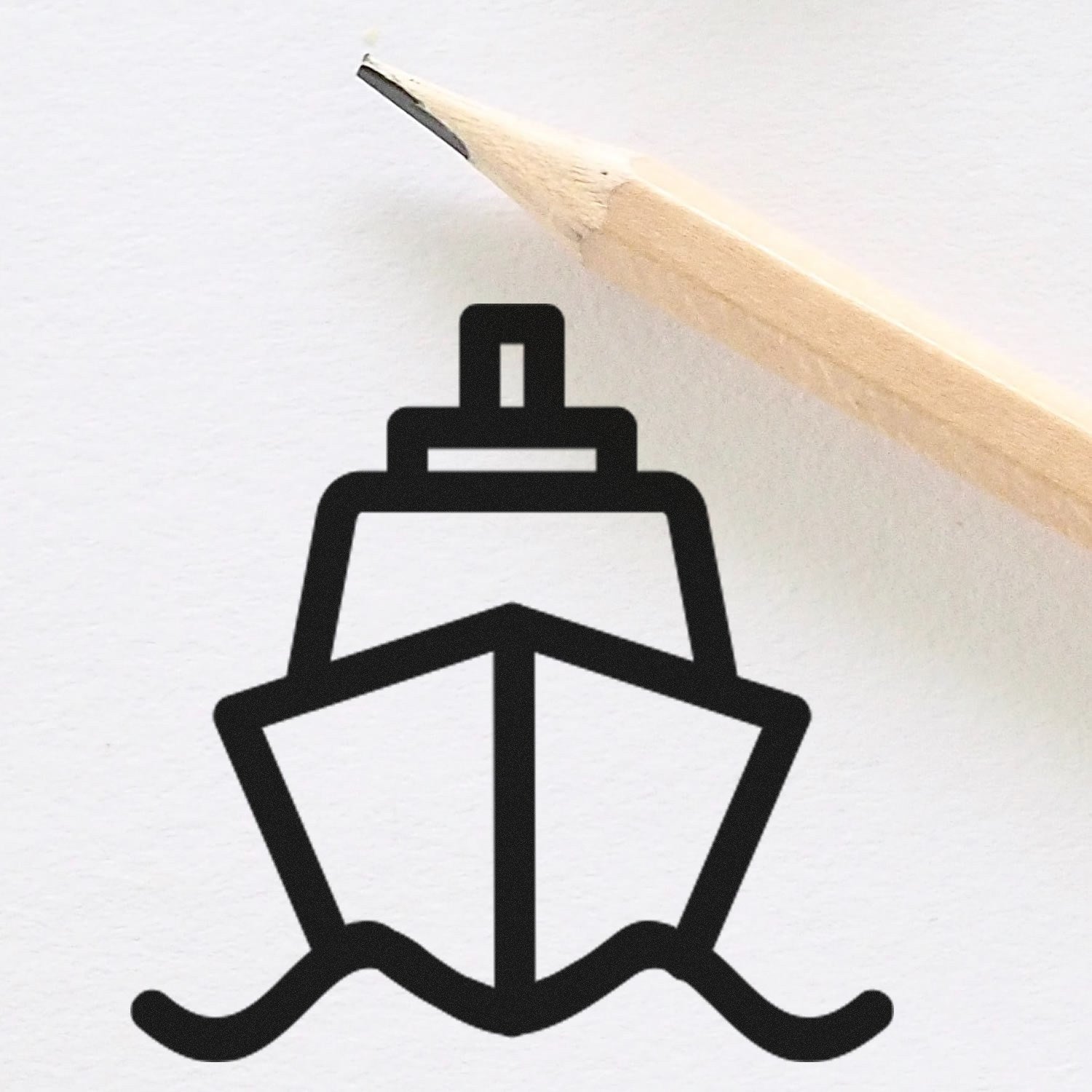 Wood Handle Ships Away Repeat Customer Rubber Stamp with a ship icon design, shown next to a pencil for scale. Ideal for business use, enhancing customer engagement and branding.