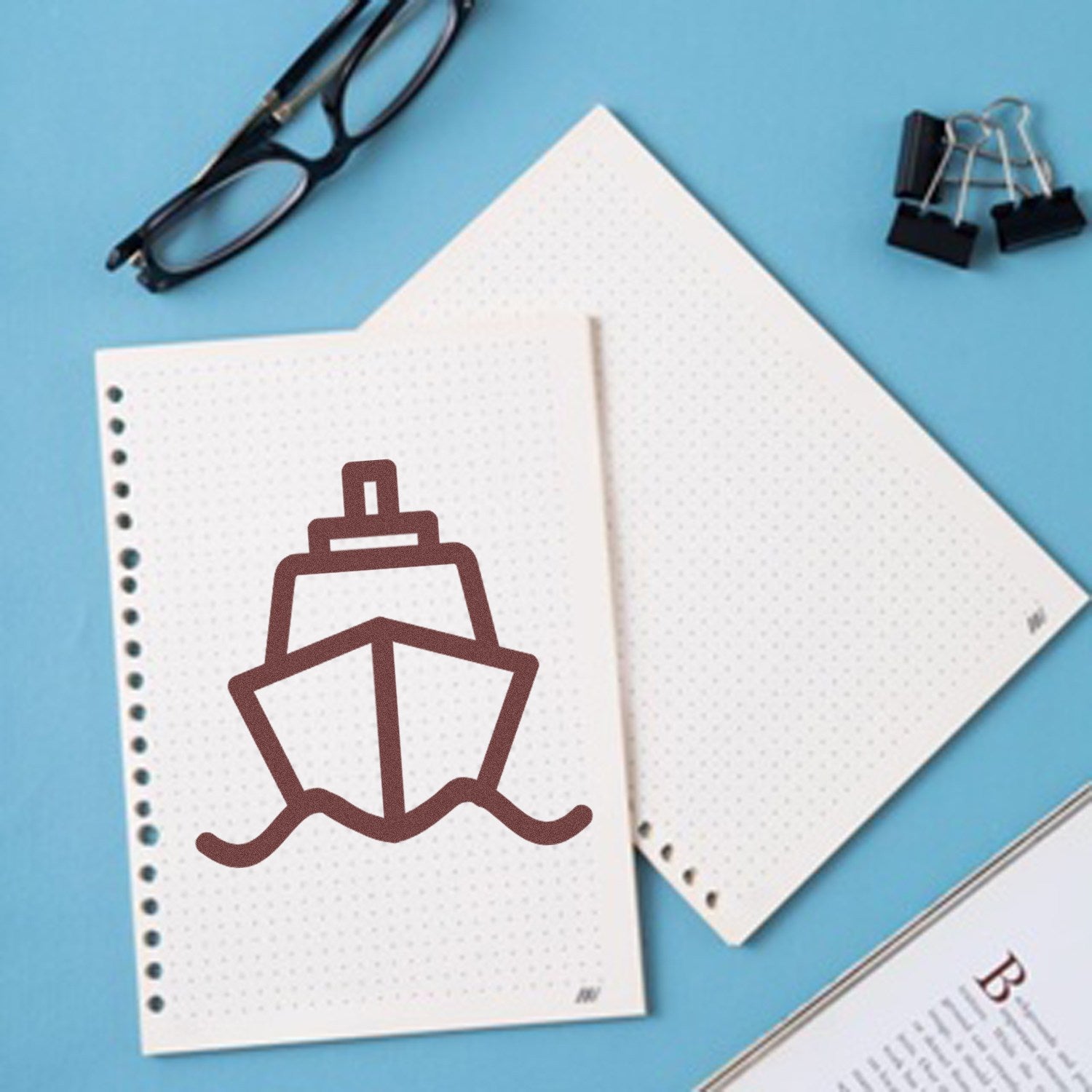 Wood Handle Ships Away Repeat Customer Rubber Stamp on dotted paper, featuring a ship design. Perfect for business use.