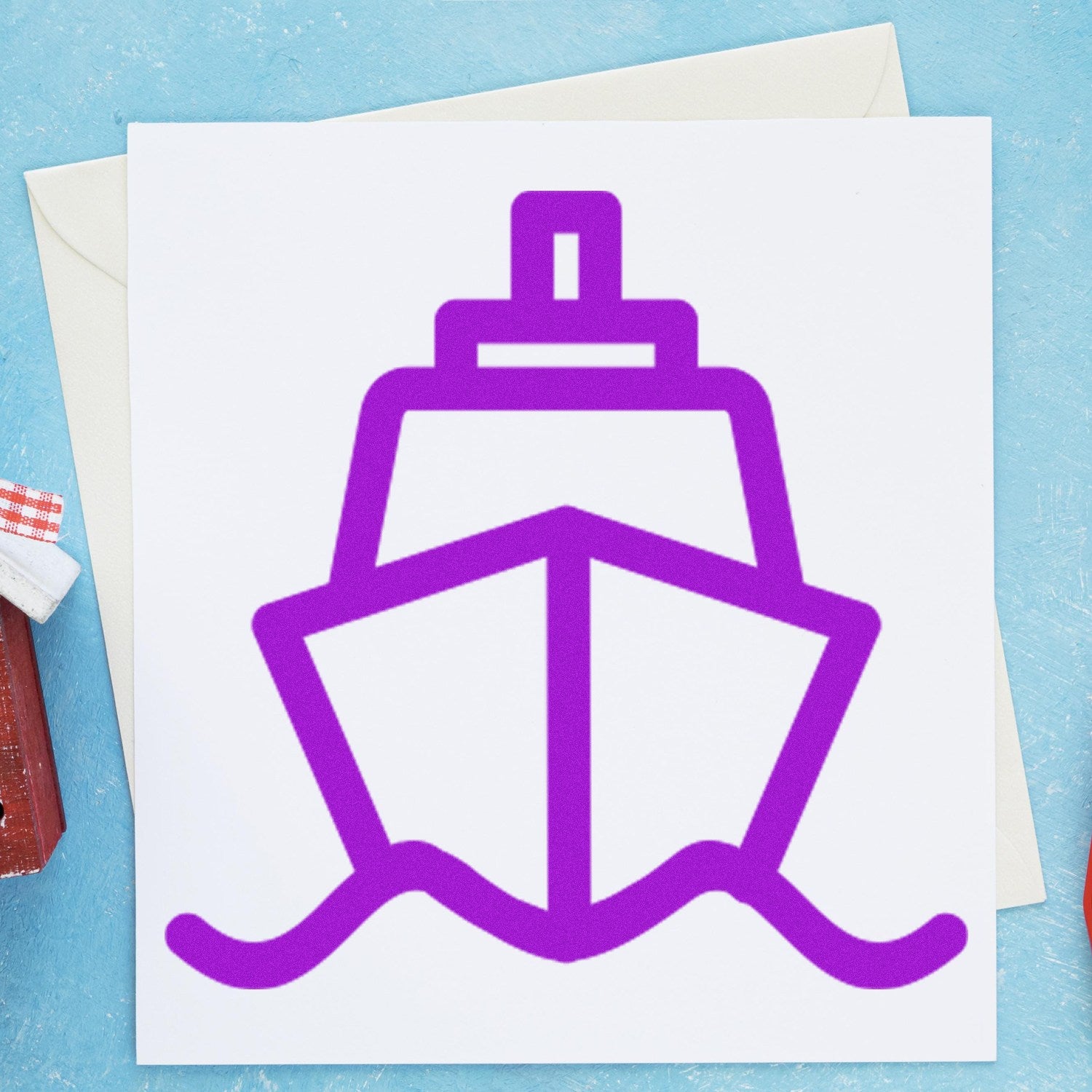 Self-Inking Ships Away Repeat Customer Stamp with a purple ship design on a white background, ideal for business use.