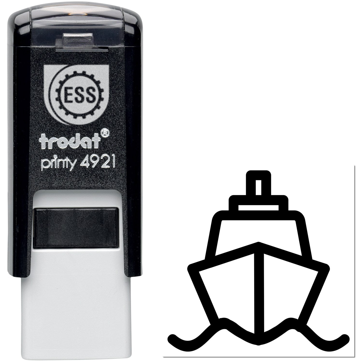 Self-Inking Ships Away Repeat Customer Stamp, black casing with a ship icon, ideal for efficient stamping.