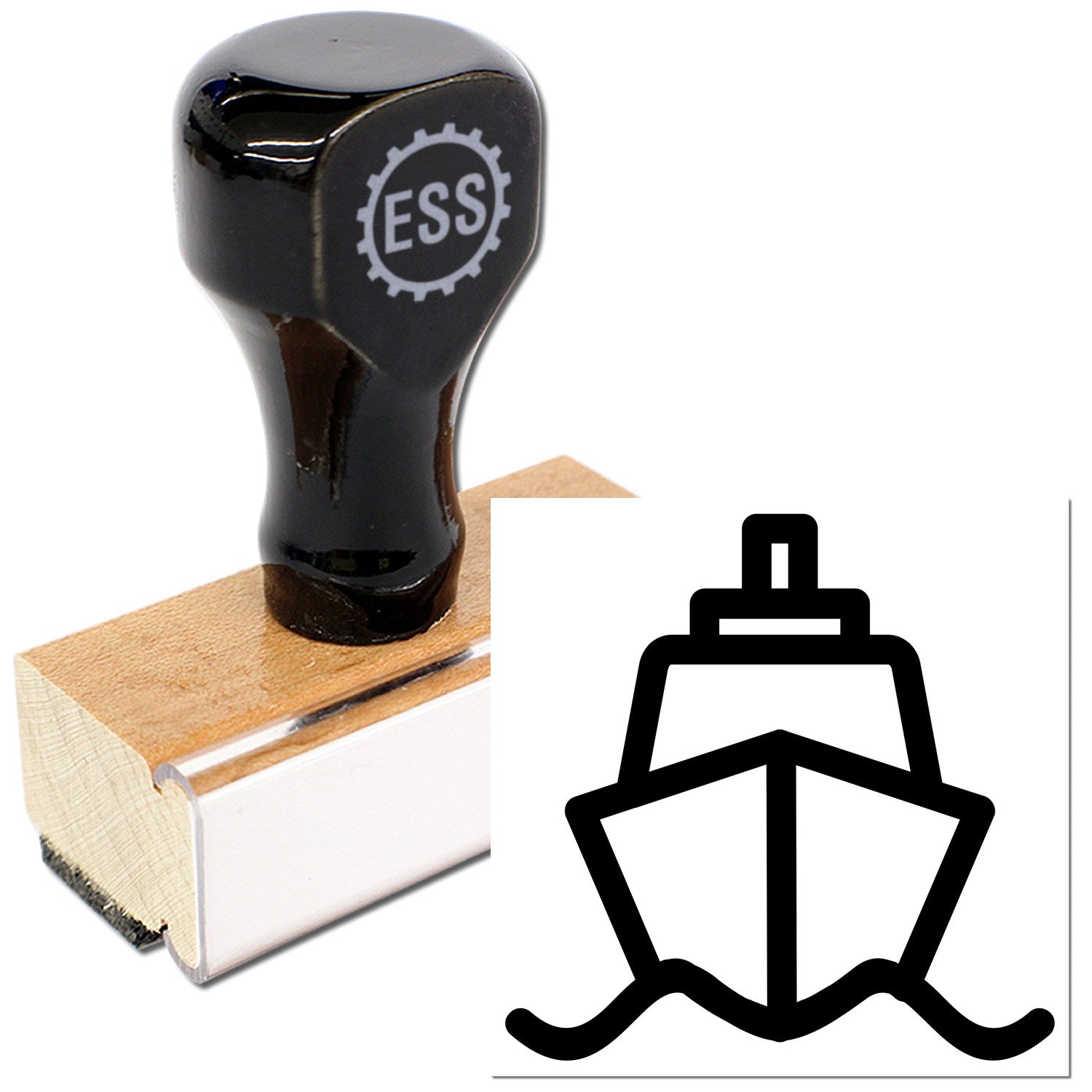 Wood Handle Ships Away Repeat Customer Rubber Stamp with black top and wooden base, featuring a ship icon design. Ideal for business use.