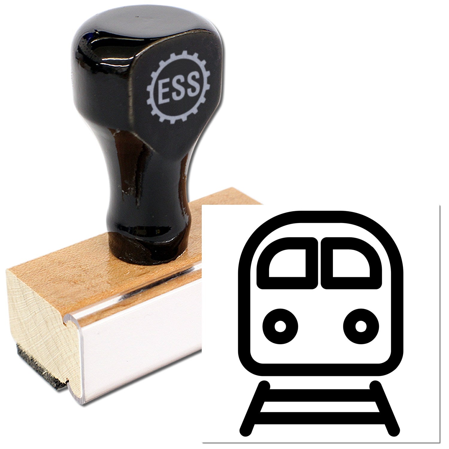 Wood Handle Happy Railways Loyalty Scheme Rubber Stamp with black top and wooden base, featuring a train icon. Perfect for adding a personalized touch to loyalty cards and documents.