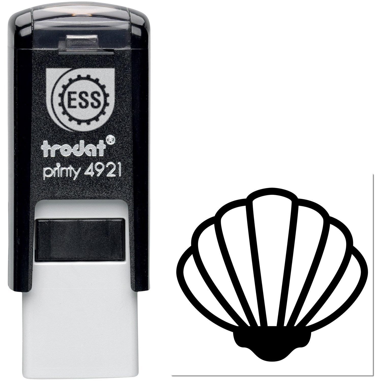 Self-Inking Beach Beauty Membership Stamp featuring a sleek black design with a seashell imprint, perfect for beach-themed branding and events.