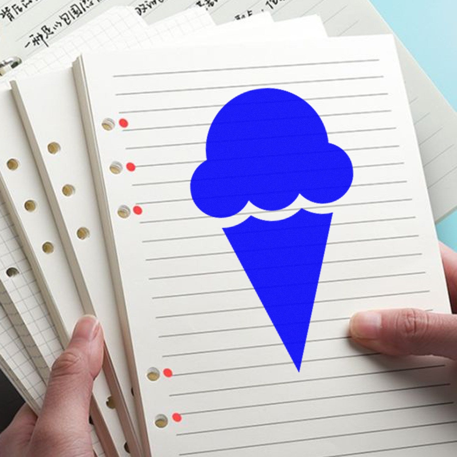 Self-Inking Ice Cream Delight Return Visit Stamp with blue ice cream cone design on lined paper, perfect for adding a fun touch to notes and documents.