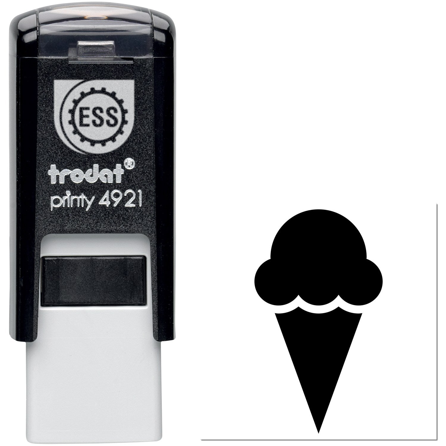 Self-Inking Ice Cream Delight Return Visit Stamp featuring a black casing with an ice cream cone design imprint, ideal for businesses.