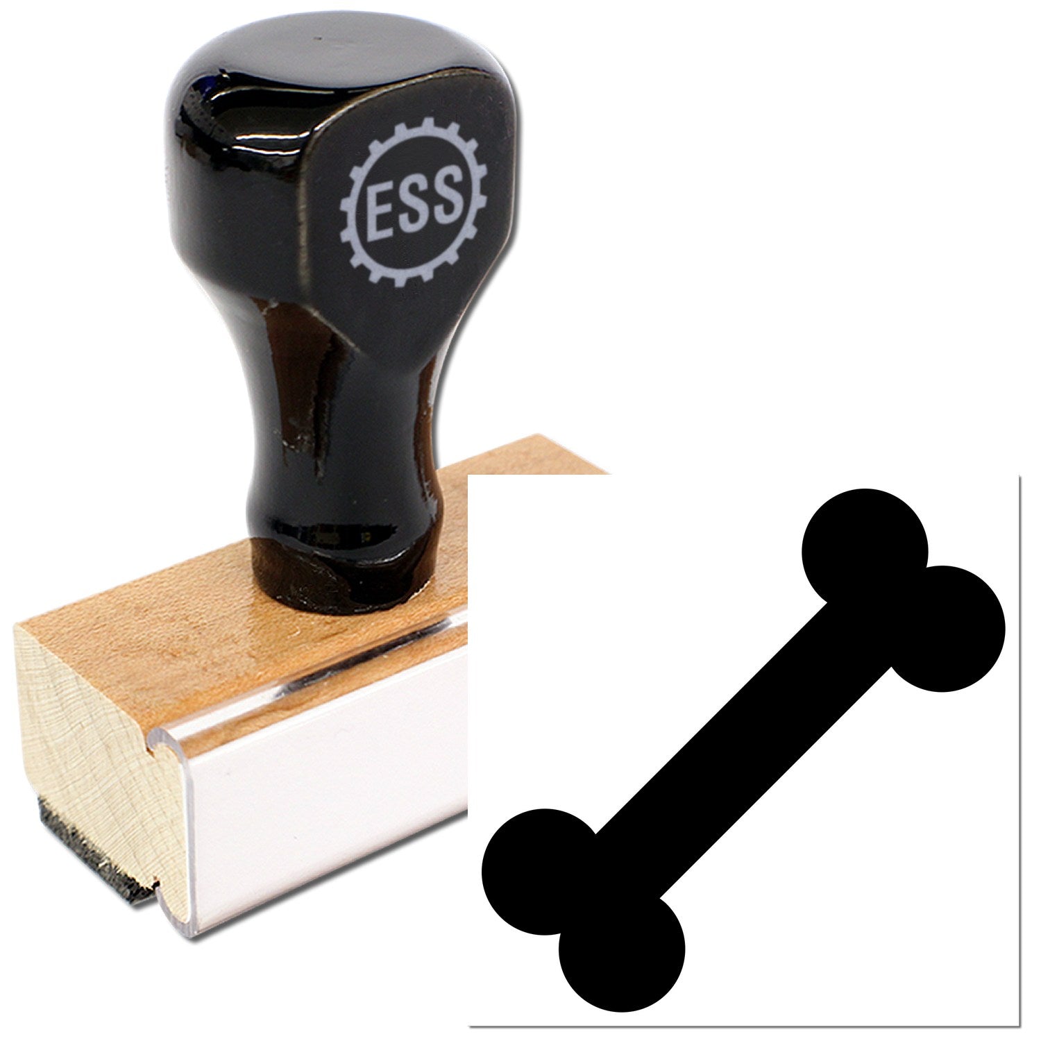 Wood Handle Bone-A-Fide Loyalty Discount Rubber Stamp with a black handle and wooden base, featuring a bone-shaped imprint design. Perfect for loyalty programs and promotions.