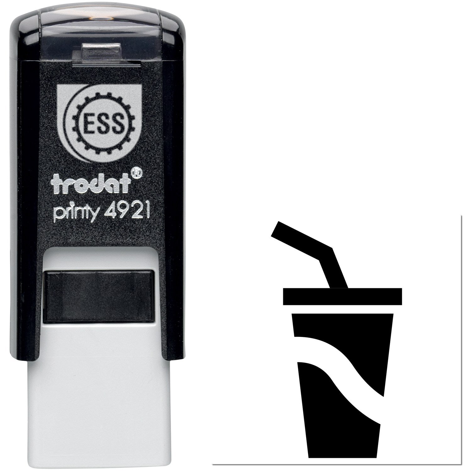 Self-Inking Cool Sip Collection for Rewards Stamp featuring a sleek black design with a cup and straw icon, perfect for marking achievements.