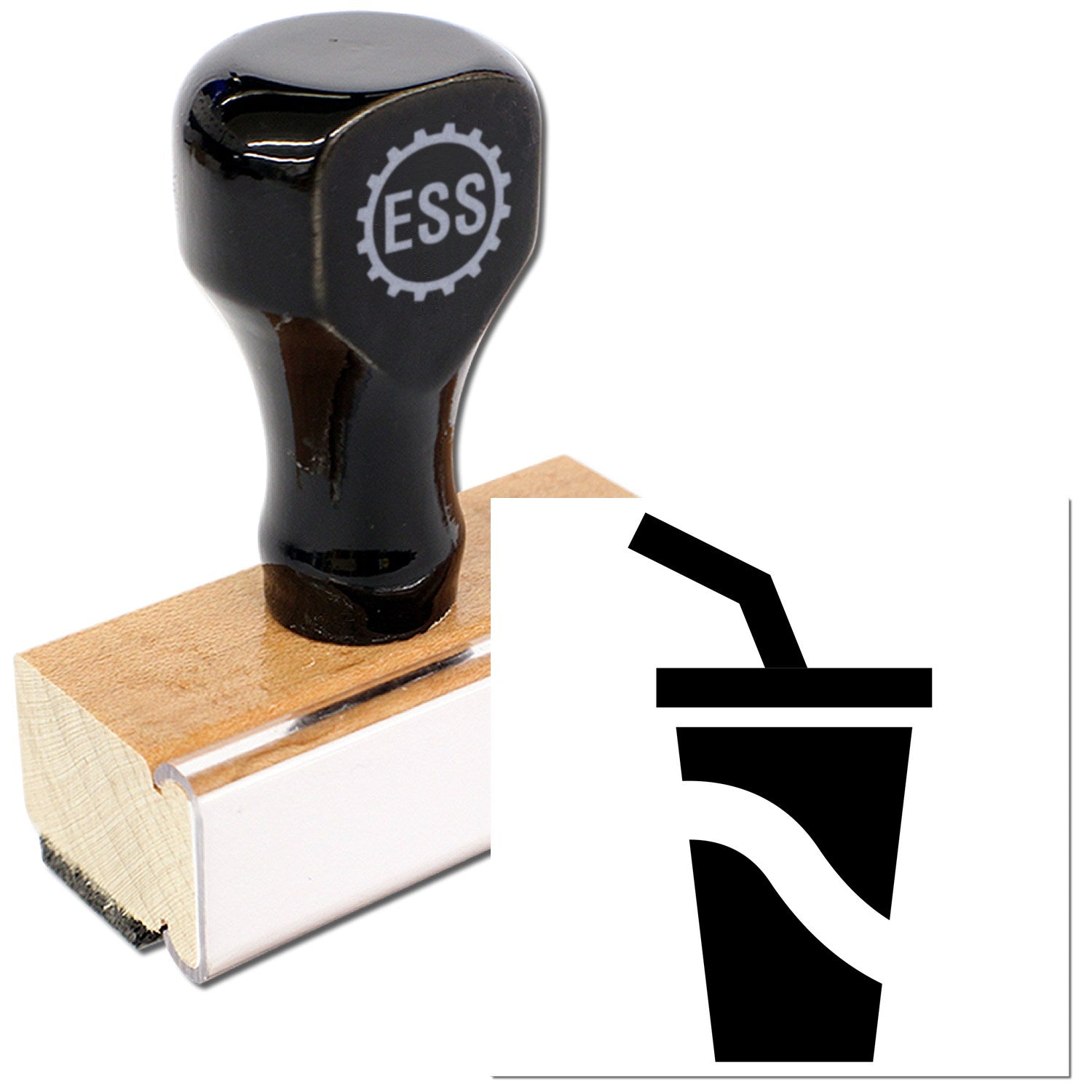 Wood Handle Cool Sip Collection for Rewards Rubber Stamp featuring a sleek black handle with ESS logo, mounted on a wooden base, and a stamp design of a drink cup with a straw.