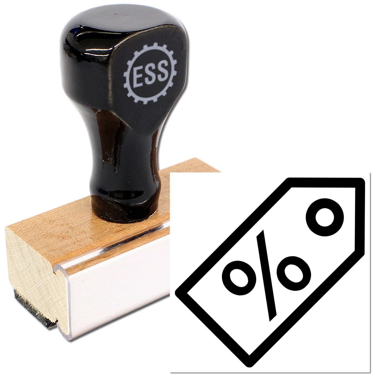 Wood Handle Tag Of Joy Loyalty Punch Card Rubber Stamp with black top and wooden base, featuring a discount tag symbol. Ideal for loyalty programs and promotions.