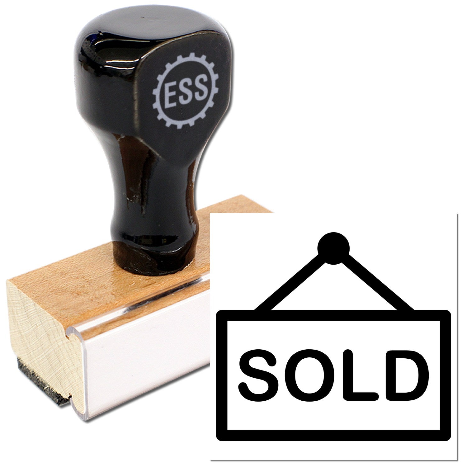 Wood Handle Sold on You for Free Item Rubber Stamp with black top and wooden base, featuring ESS logo. Ideal for marking items as sold.