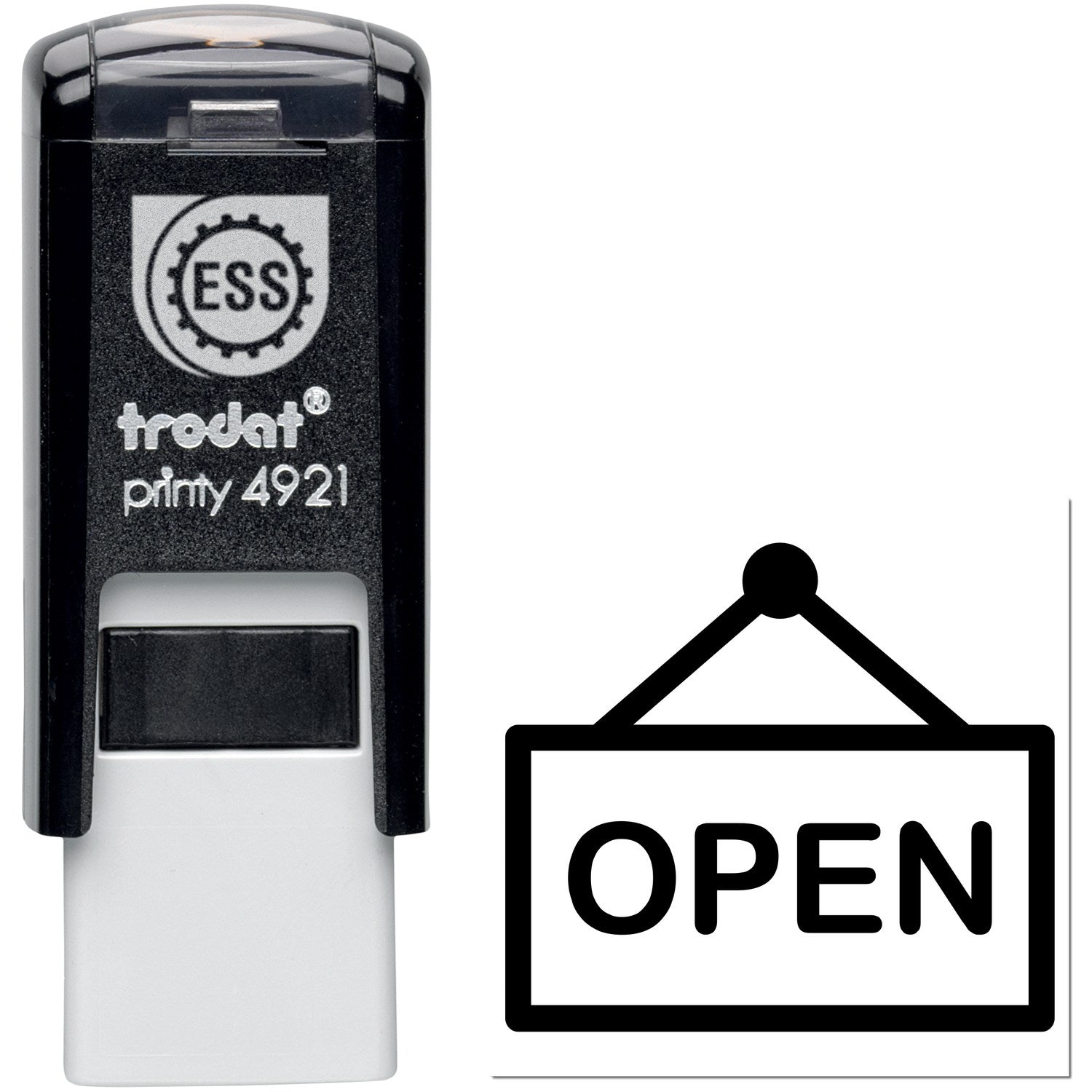 Self-Inking Open Sign Loyalty Stamp with black casing and clear top, featuring a hanging OPEN sign graphic. Ideal for businesses seeking efficient customer engagement.