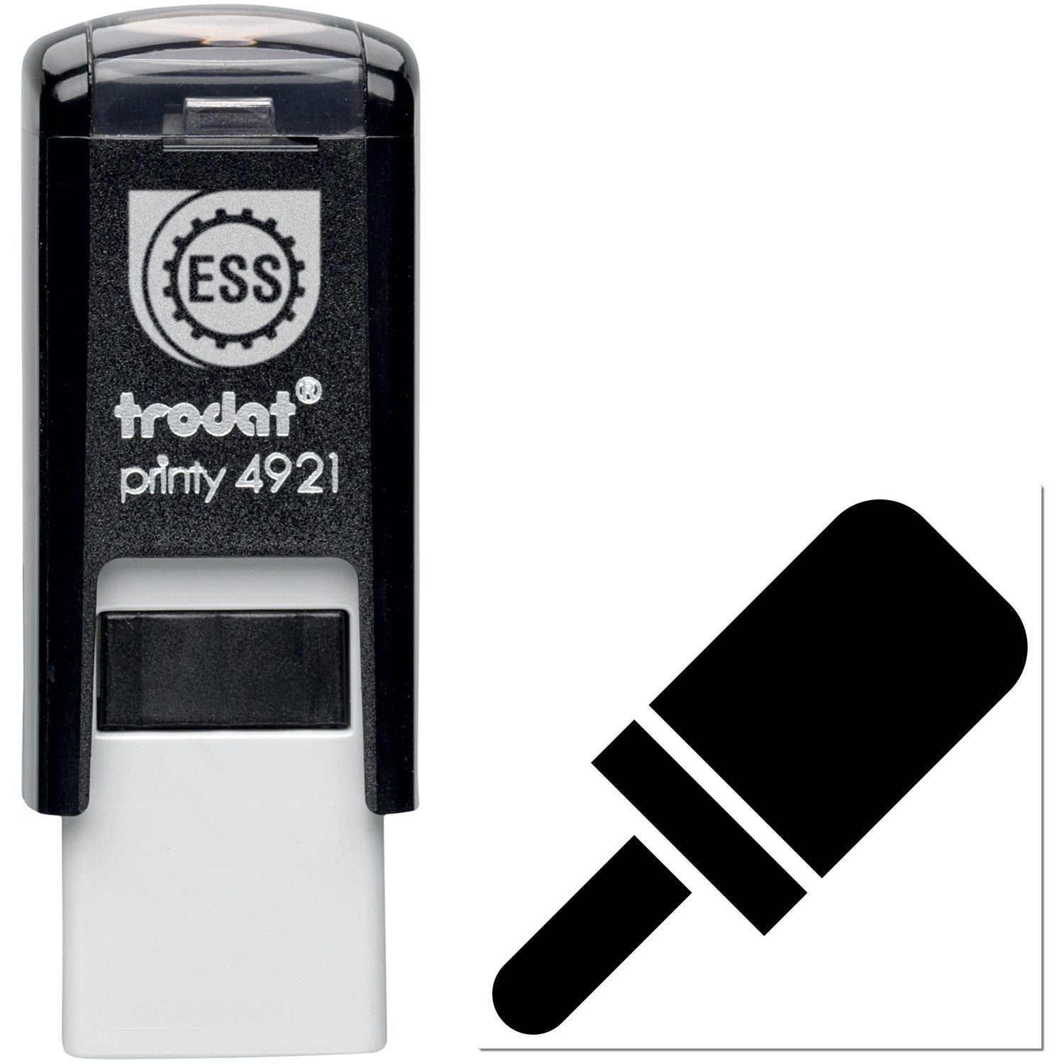 Self-Inking Pop Of Approval Visit Stamp with black casing and ESS logo, featuring a popsicle-shaped stamp design. Ideal for efficient, fun stamping.