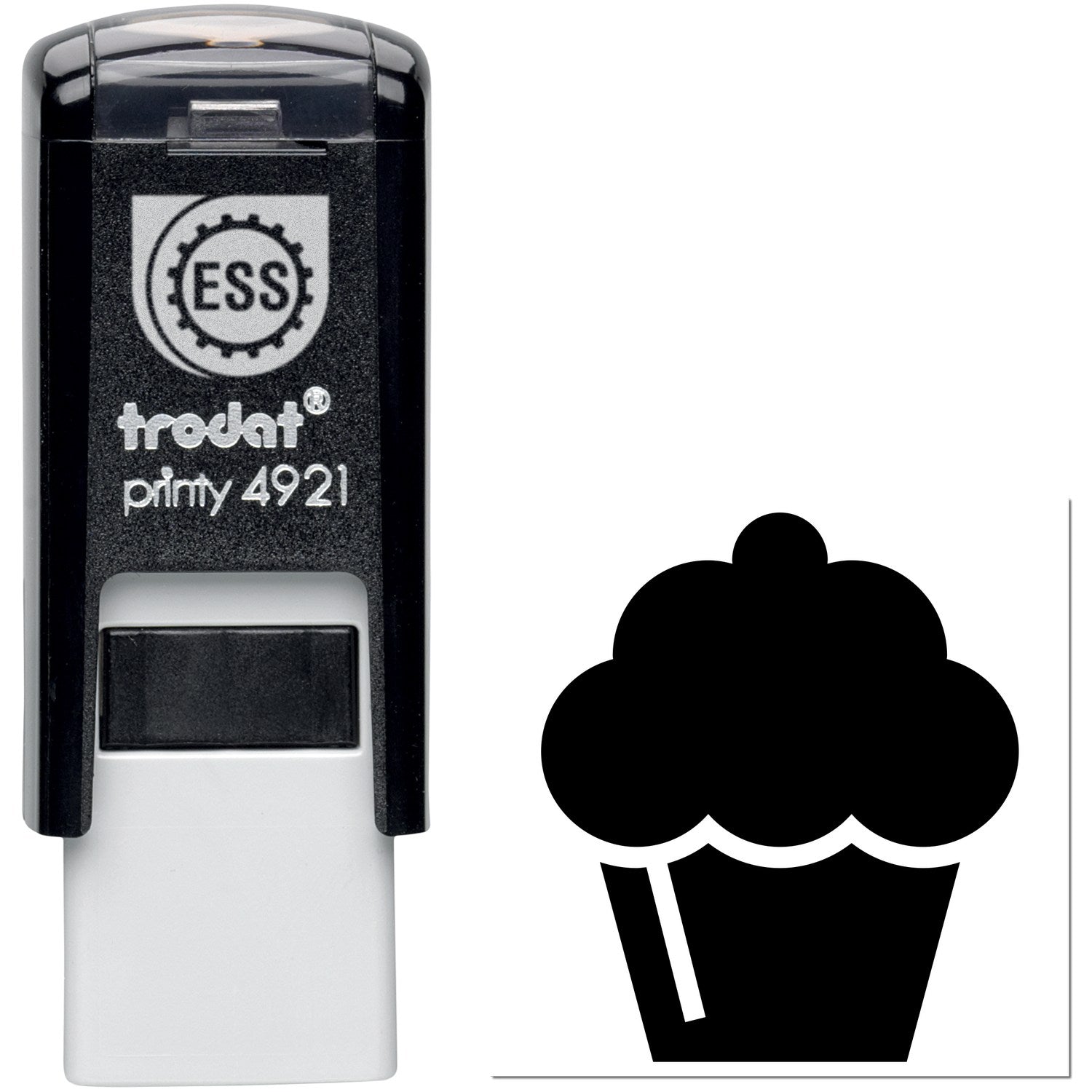 Self-Inking Cupcake Delight Loyalty Stamp featuring a black casing with a cupcake design imprint. Ideal for businesses, this stamp offers convenience and style for loyalty programs.