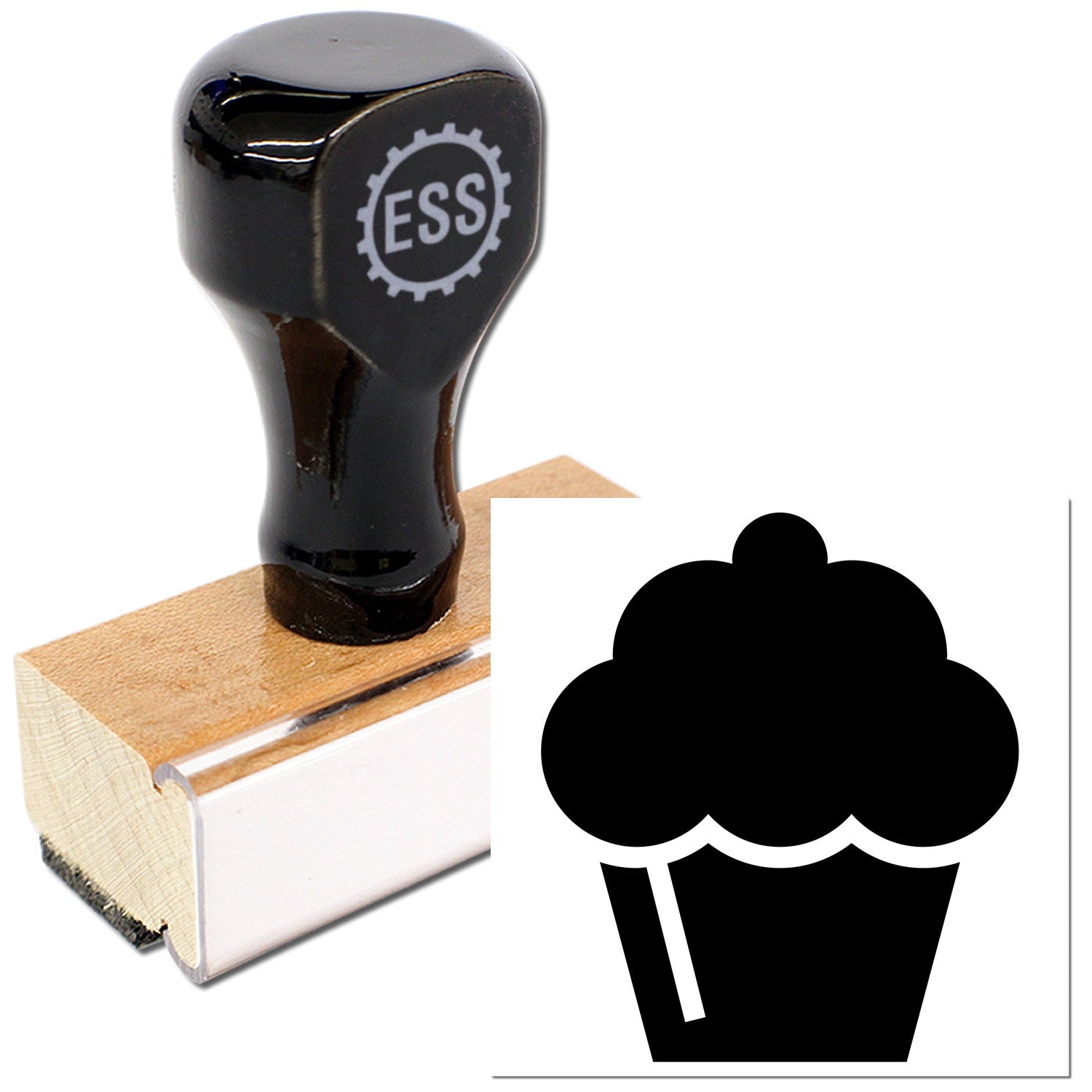 Wood Handle Cupcake Delight Loyalty Rubber Stamp featuring a black handle with ESS logo and a cupcake design on a wooden base. Perfect for adding charm to loyalty cards and crafts.