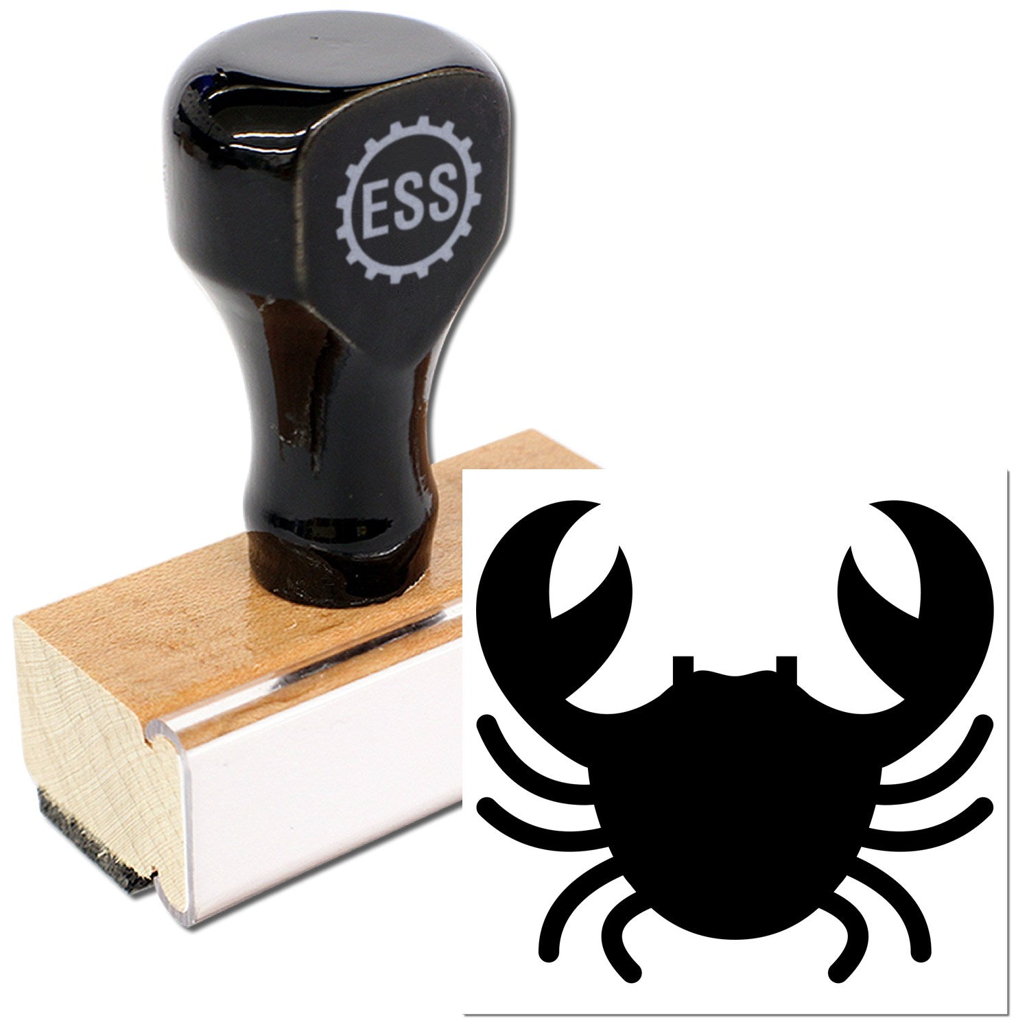 Wood Handle Crabby Rewards Rubber Stamp with black crab design, featuring a sturdy wooden handle and durable rubber stamp base.