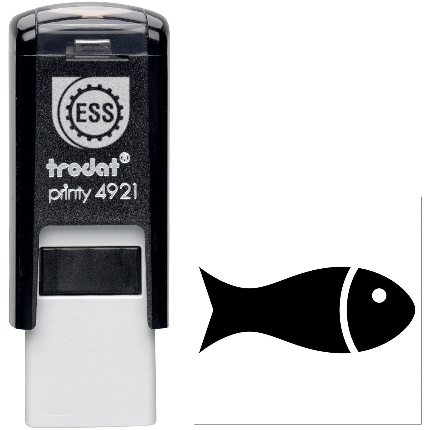 Self-Inking Fin-Tastic Loyalty Incentive Stamp with black casing and fish design imprint. Ideal for rewarding customer loyalty. Compact and easy to use.