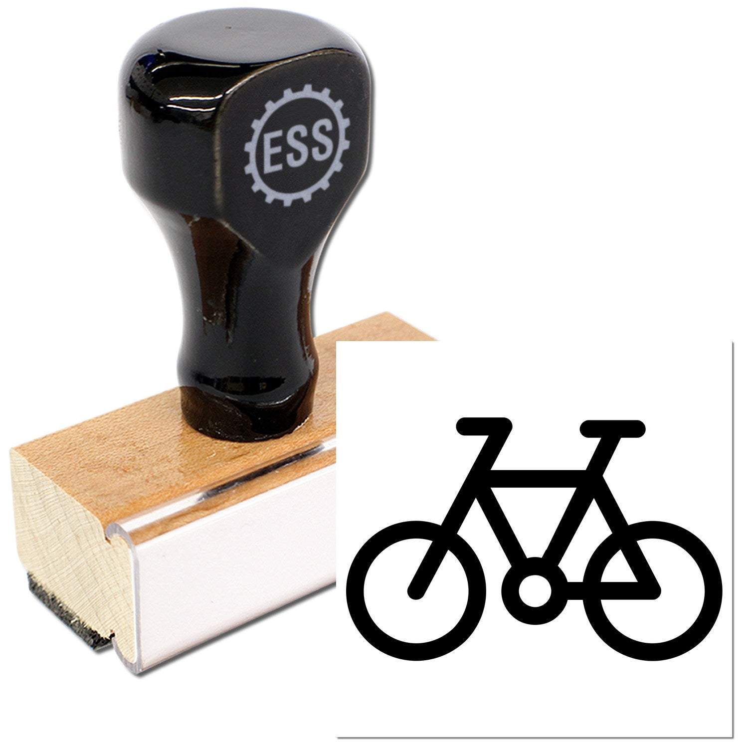 Wood Handle Cycle Of Loyalty Rubber Stamp featuring a black handle with ESS logo, mounted on a wooden base, and a bicycle design imprint. Perfect for crafting and branding projects.