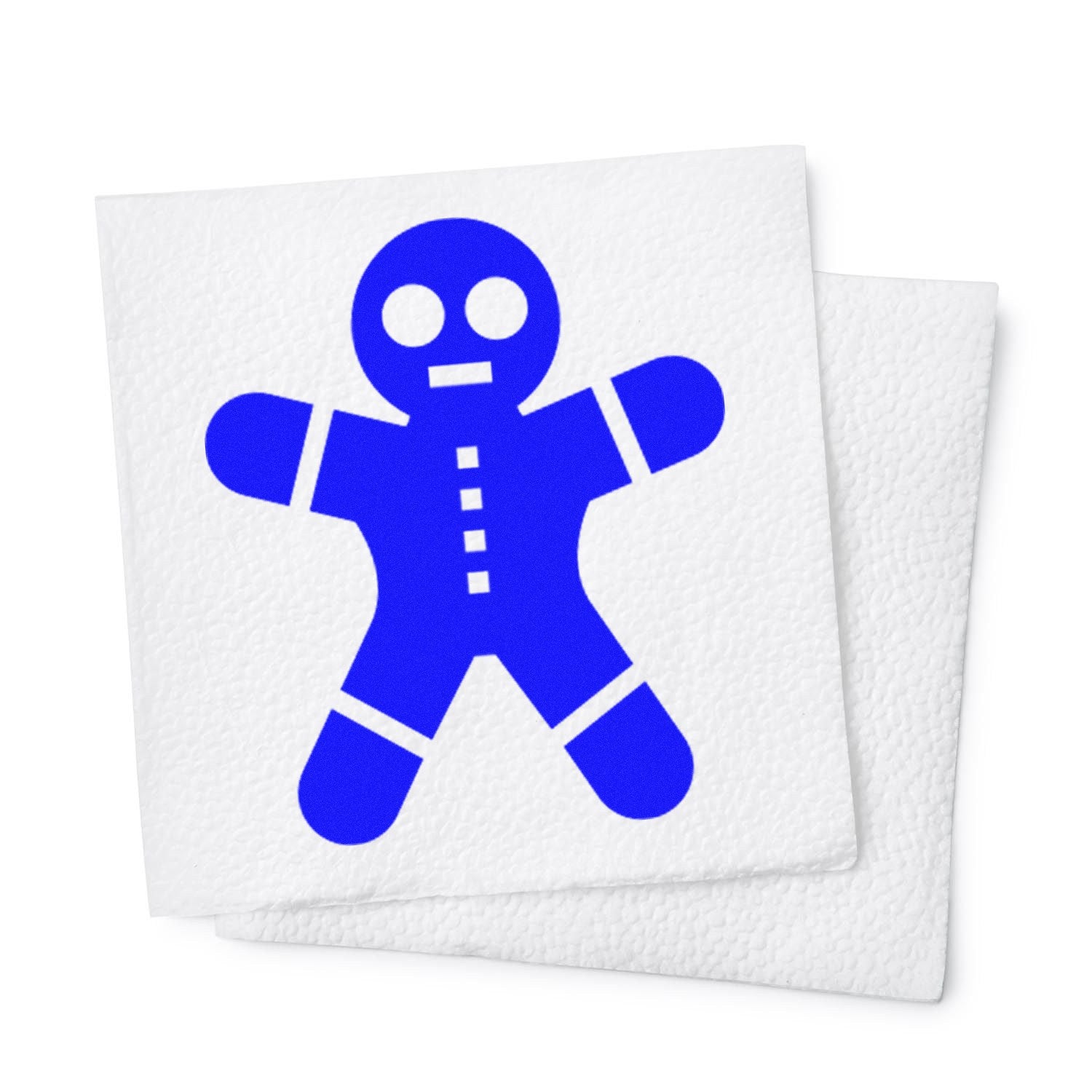 Wood Handle Gingerbread Customer Loyalty Rubber Stamp featuring a blue gingerbread figure on a white background, ideal for adding a festive touch to customer loyalty programs.