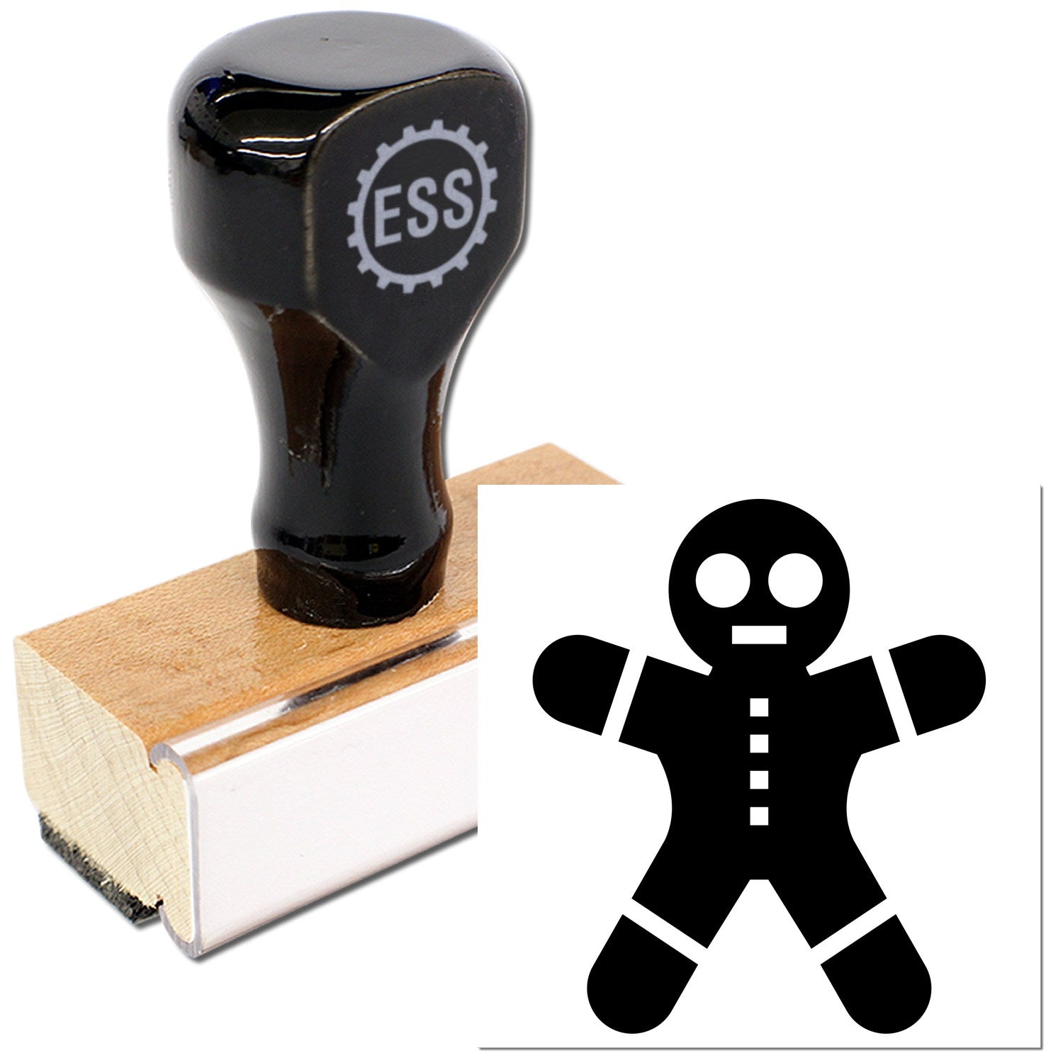 Wood Handle Gingerbread Customer Loyalty Rubber Stamp with black top and wooden base, featuring a gingerbread man design. Perfect for adding a festive touch to loyalty cards and crafts.