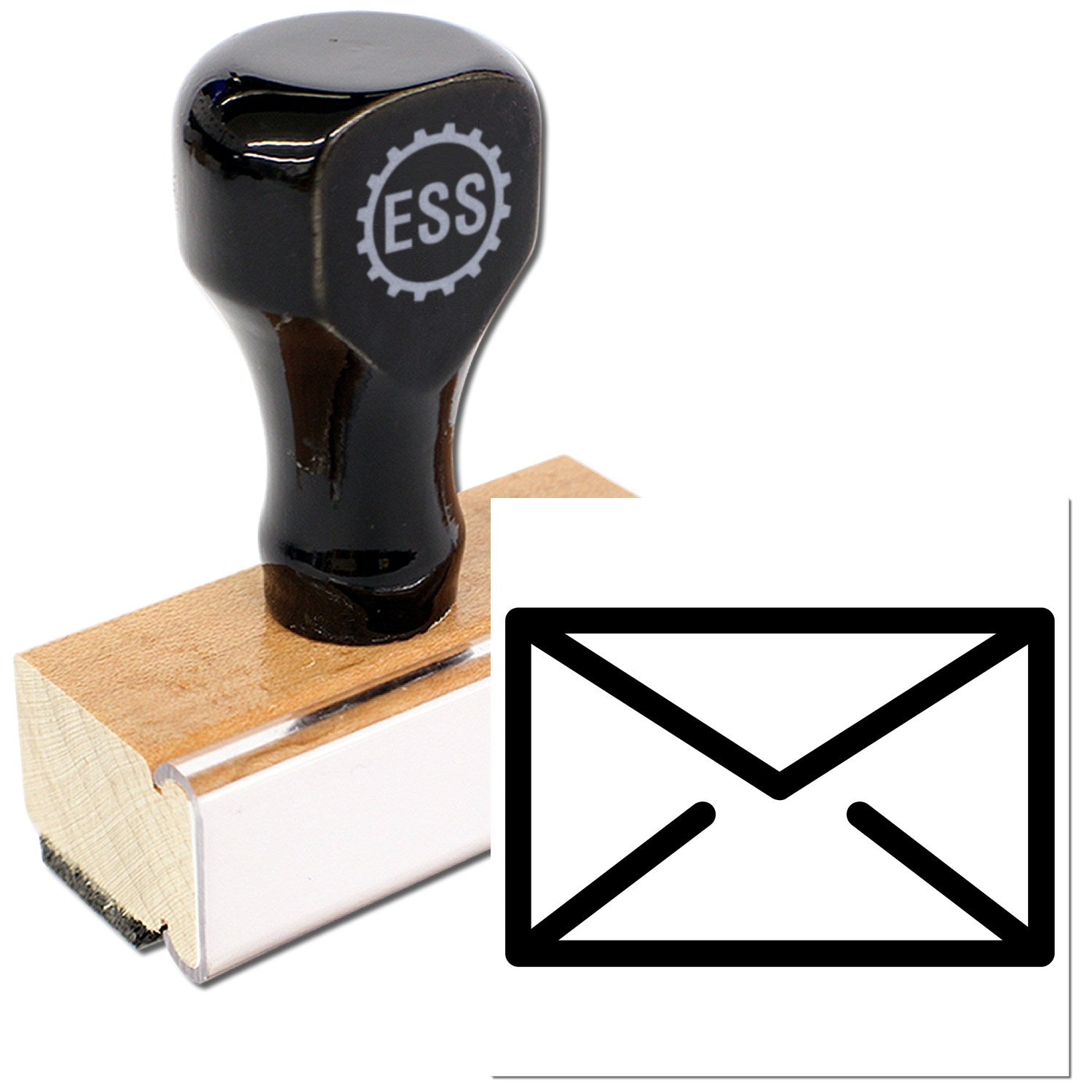 Wood Handle Mail Magic Reward Rubber Stamp with a sleek black top and wooden base, featuring an envelope icon. Perfect for adding a special touch to mail and documents.