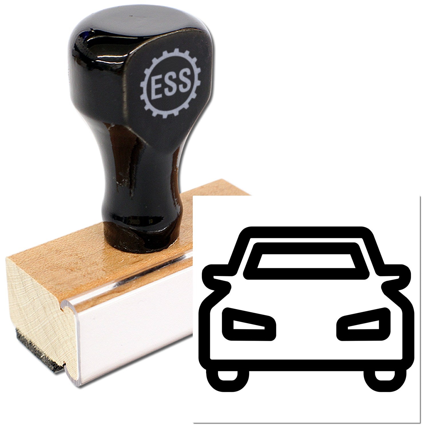 Wood Handle Driving Loyalty Card Rubber Stamp with black top and wooden base, featuring a car icon design. Ideal for loyalty programs and promotions.