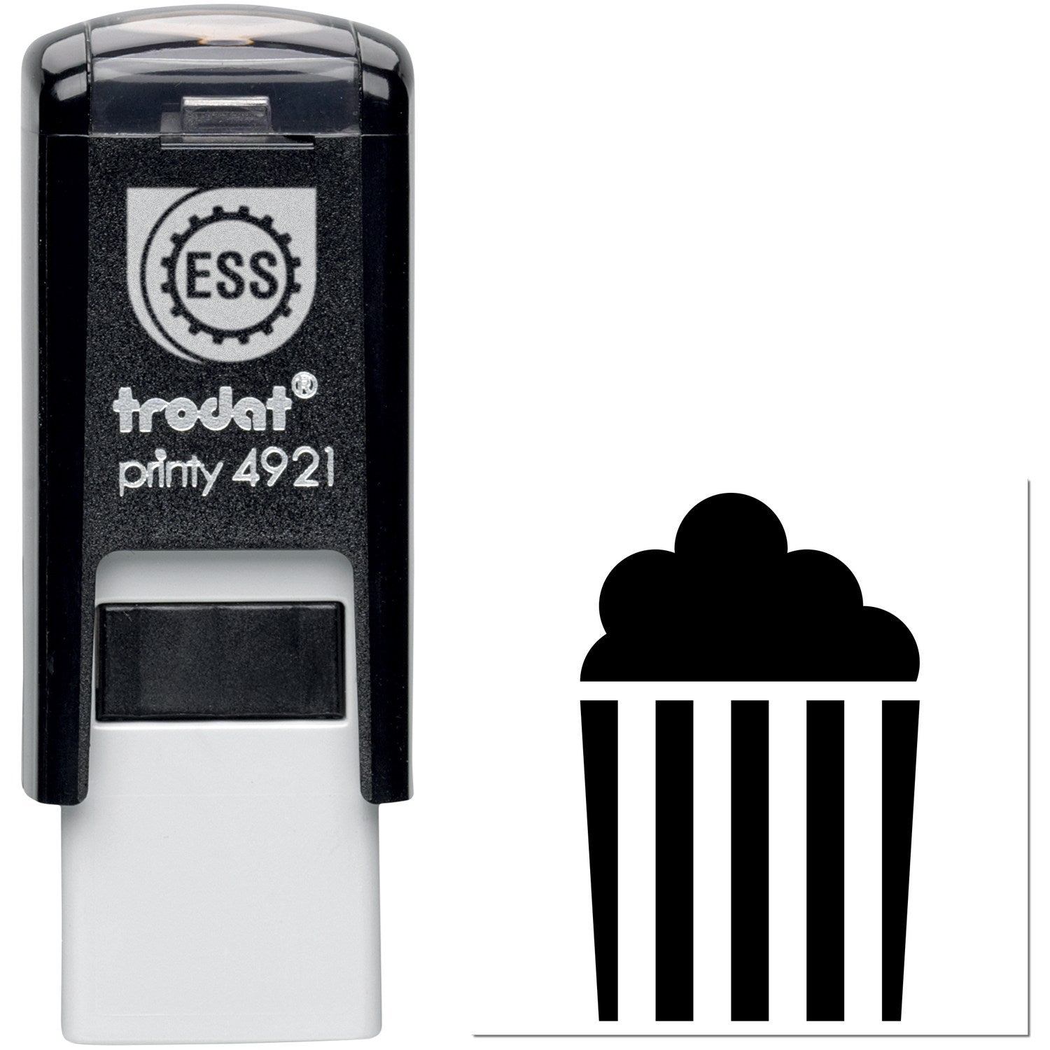 Self-Inking Popped Punch Card Stamp featuring a black and white design with a popcorn icon. Ideal for quick, repetitive stamping tasks. Compact and efficient for office or personal use.