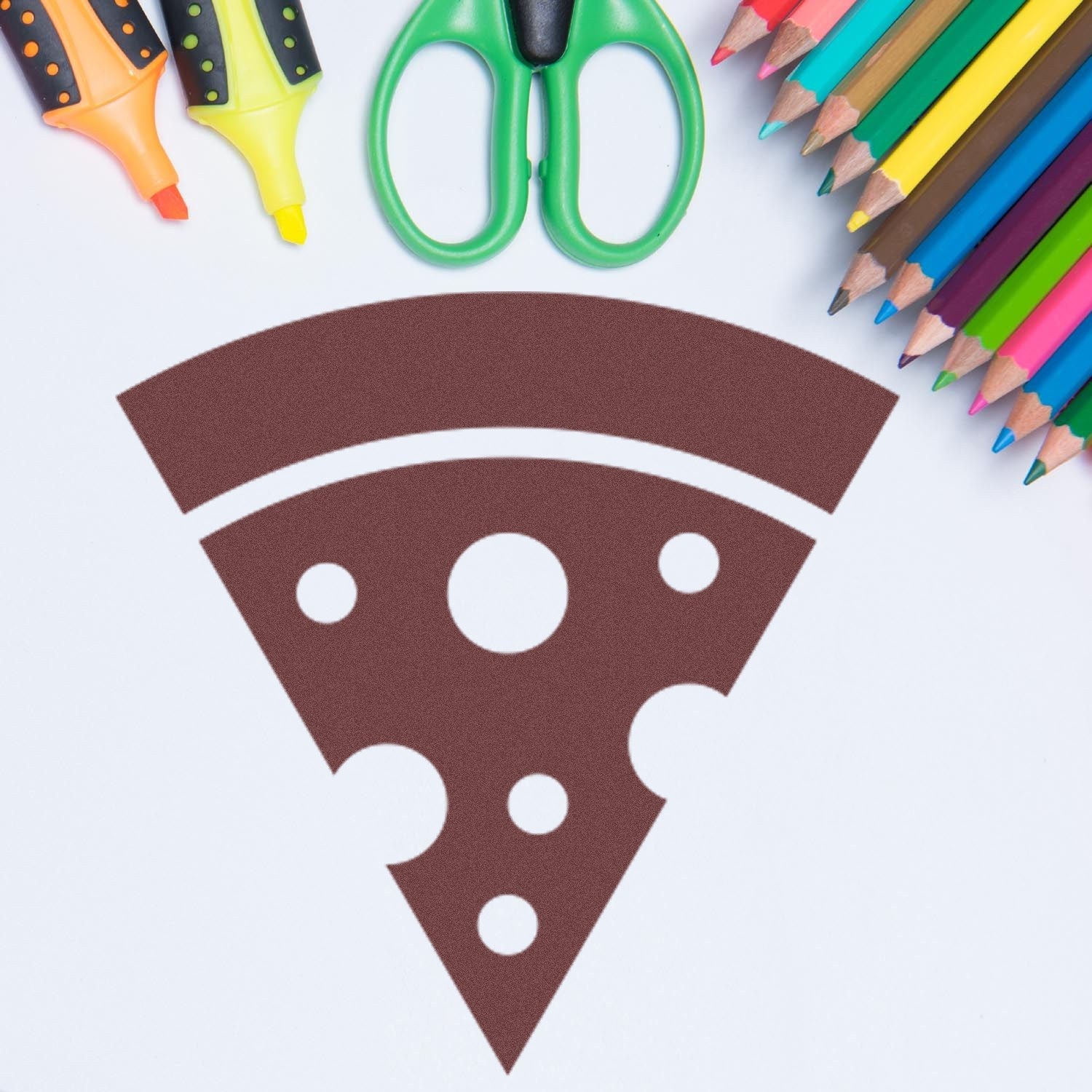 Self-Inking Pizza Perks Incentive Stamp with a pizza slice design, surrounded by colorful pencils and scissors on a white background.