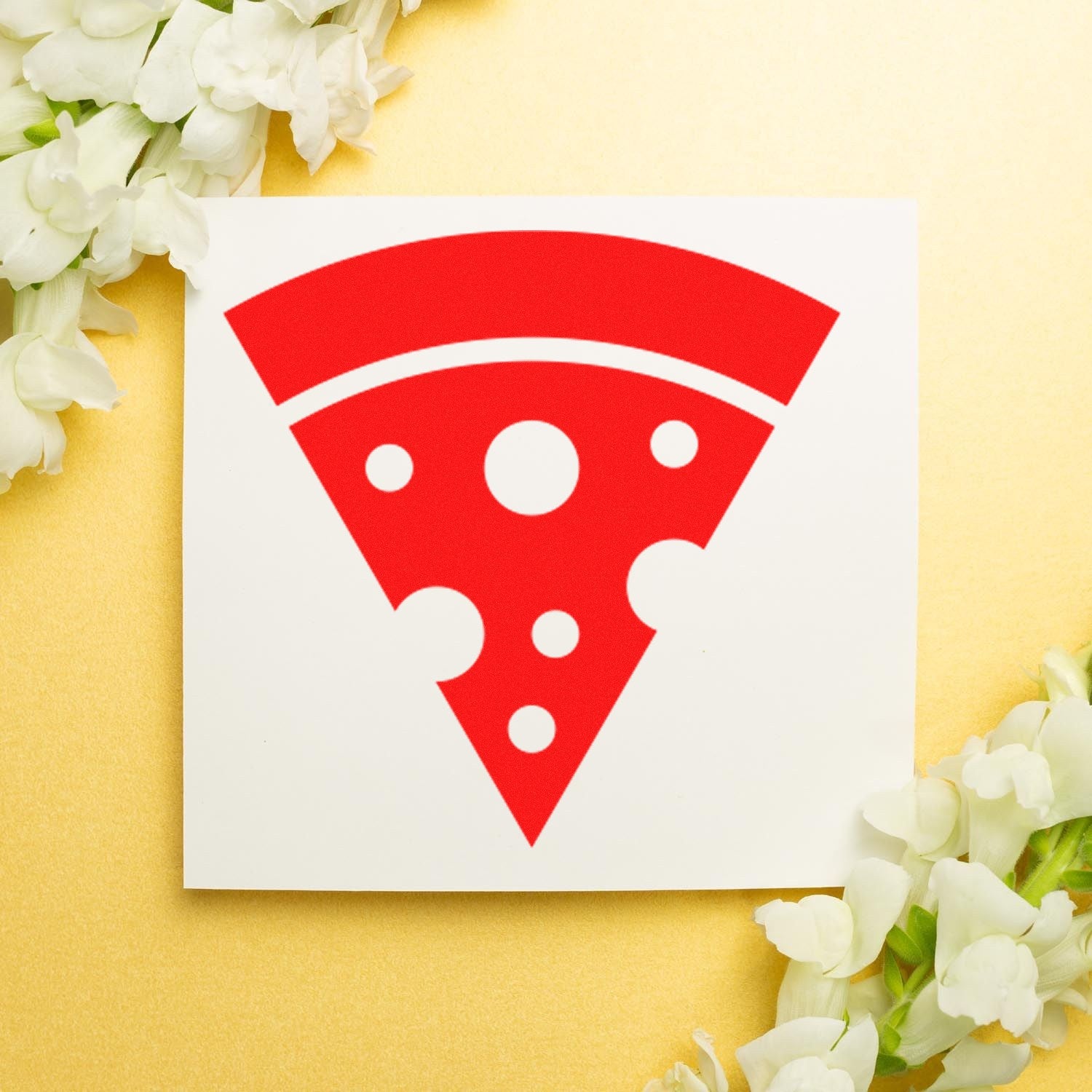 Self-Inking Pizza Perks Incentive Stamp featuring a red pizza slice design on a white background, surrounded by white flowers on a gold surface.