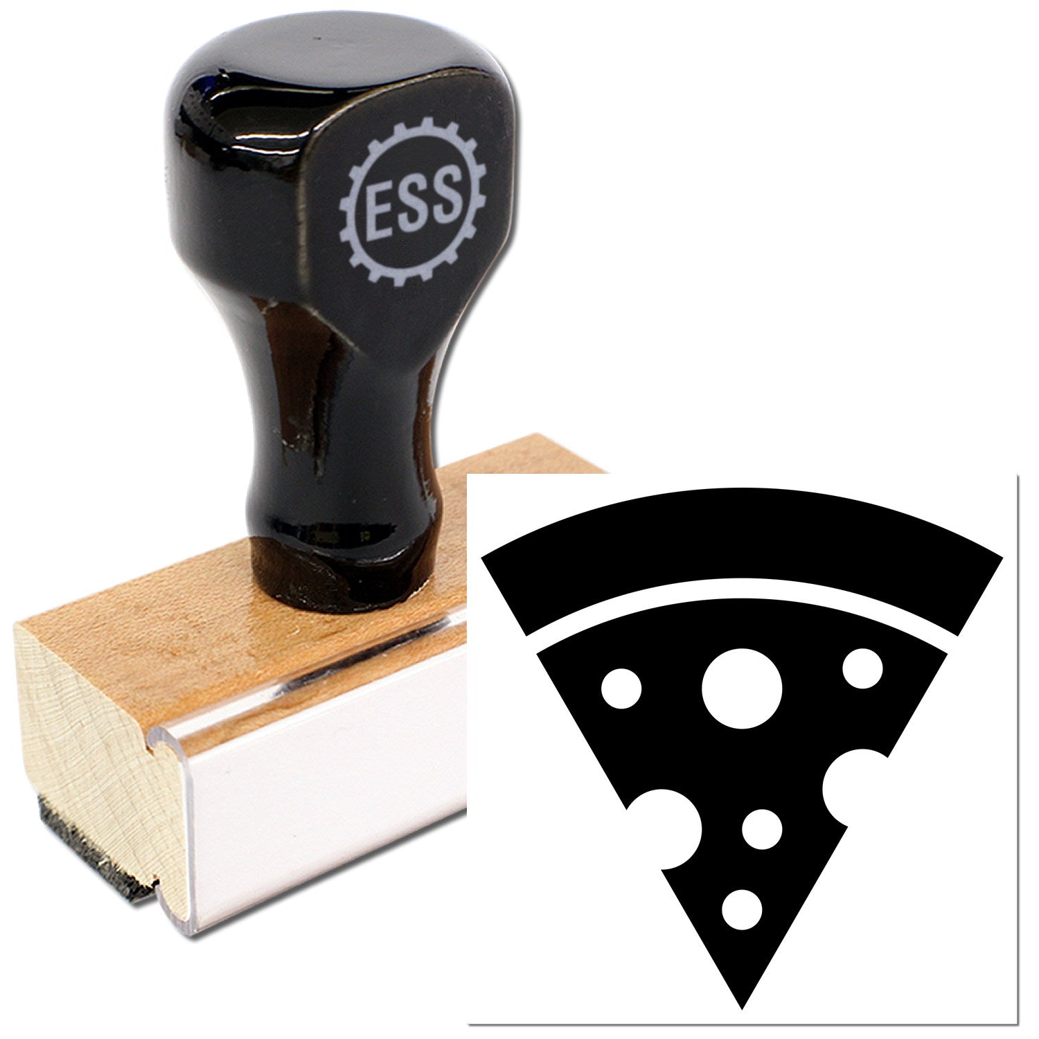 Wood Handle Pizza Perks Incentive Rubber Stamp featuring a black handle with ESS logo and a pizza slice design on a wooden base. Perfect for adding a fun touch to your pizza-themed projects.