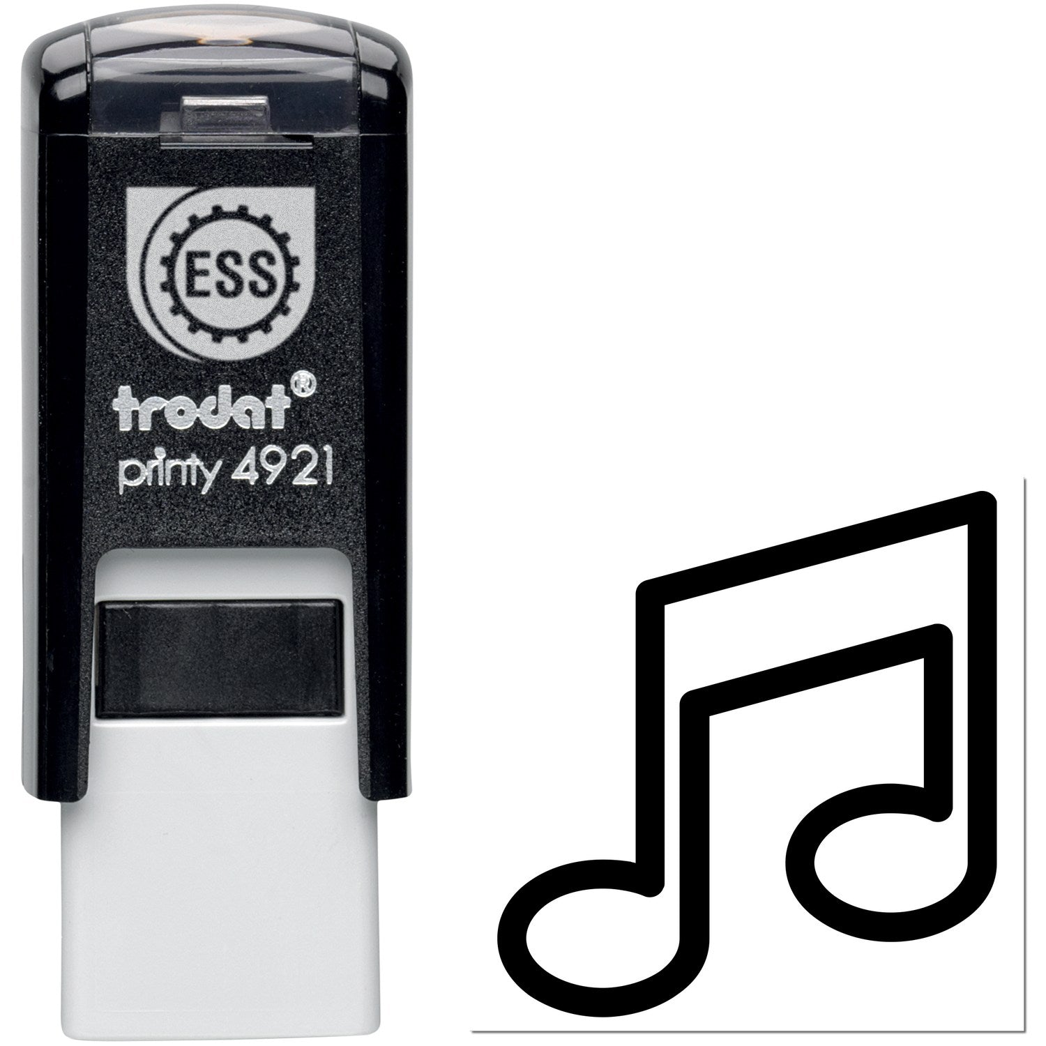 Self-Inking Melody Mark Card Reward Stamp featuring a black casing with a musical note design. Ideal for teachers and parents to reward students. Compact and easy to use.