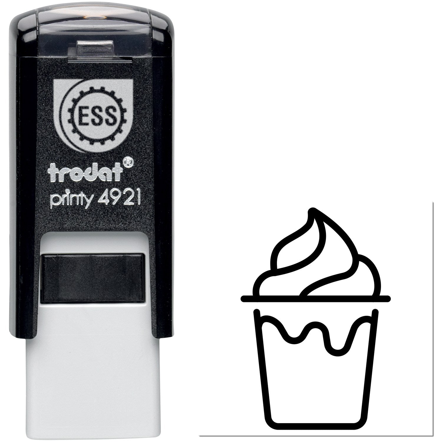 Self-Inking Coffee Customer Reward Stamp featuring a black casing with a clear top, and a cupcake design imprint. Perfect for loyalty programs and easy stamping.