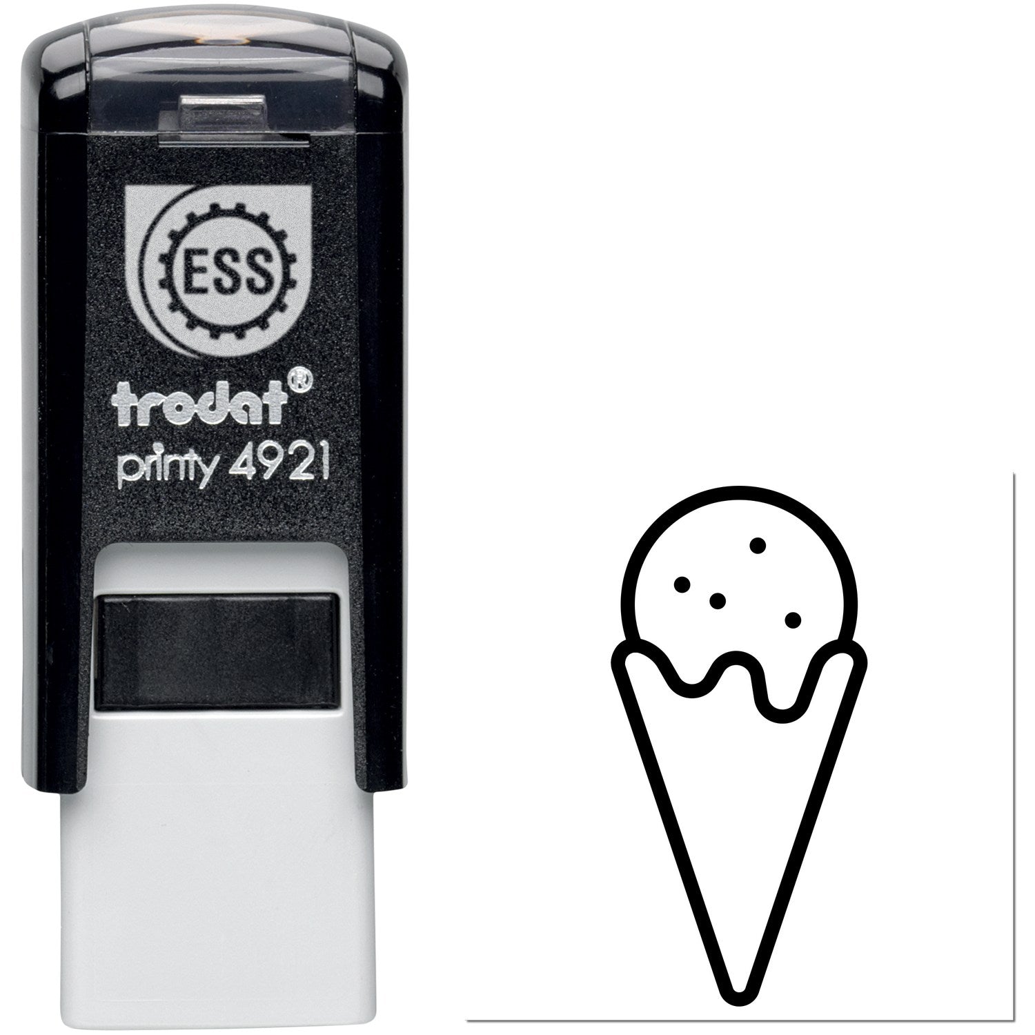 Self-Inking Sweet Rewards Purchase Stamp with black casing and ice cream cone design imprint, featuring Trodat Printy 4921 model.