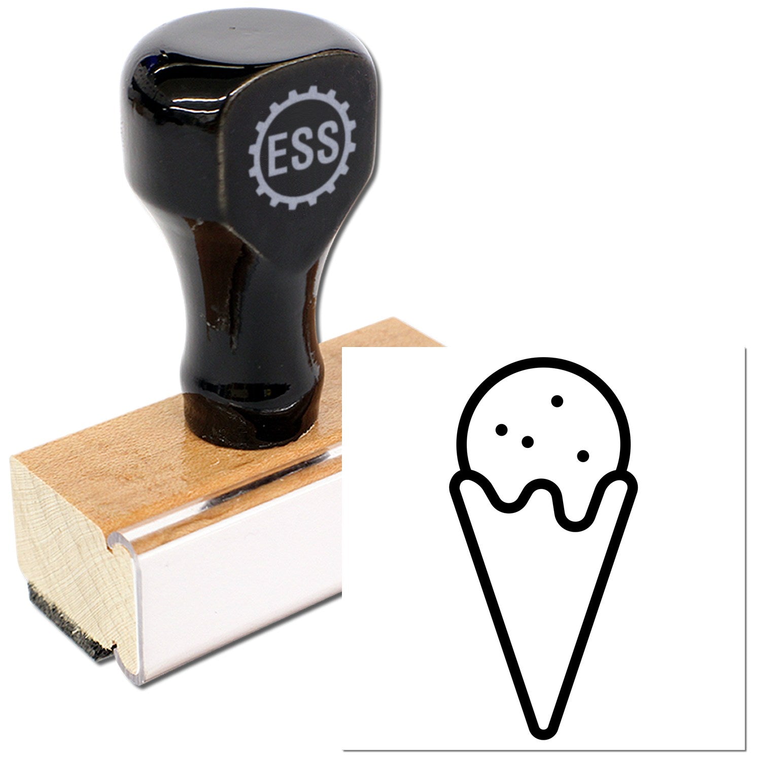 Wood Handle Sweet Rewards Purchase Rubber Stamp with black top and wooden base, featuring an ice cream cone design. Perfect for crafting and business use.